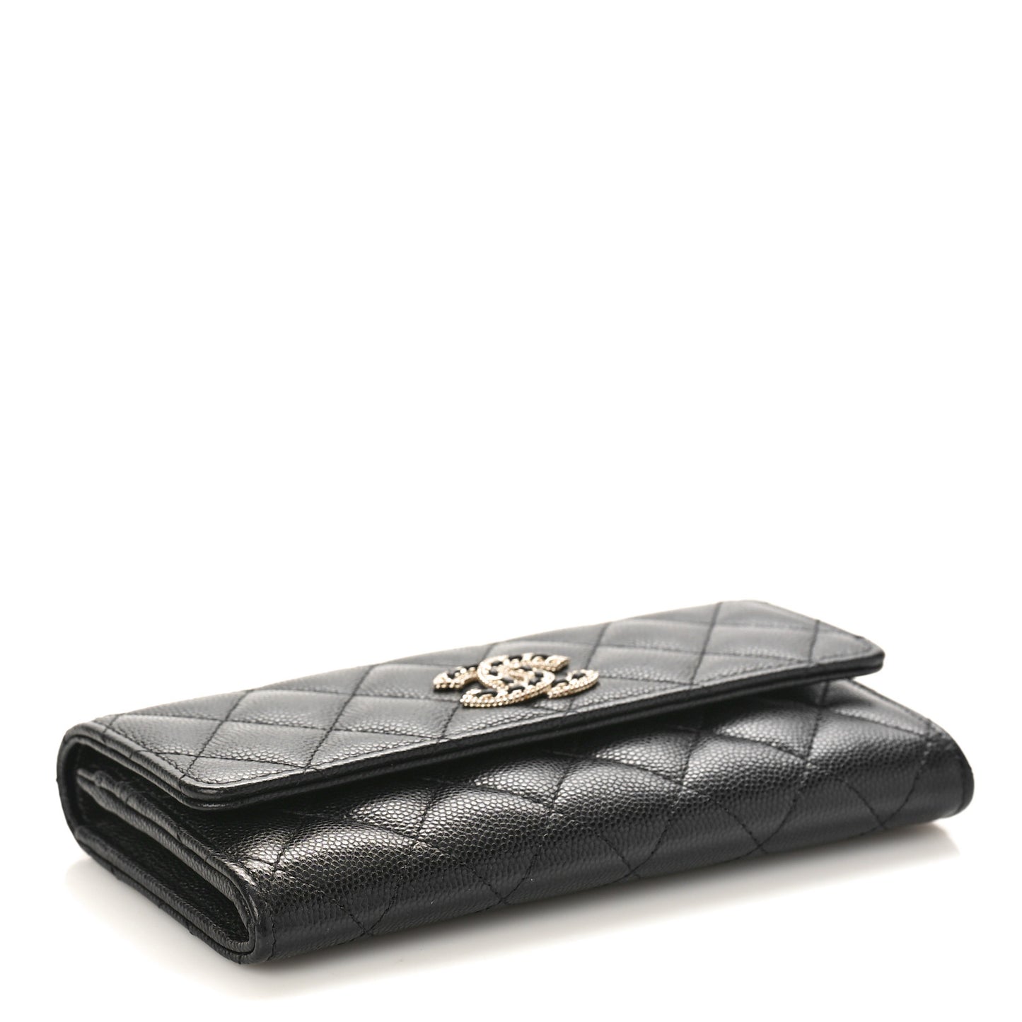 Caviar Quilted Crystal CC Large Gusset Flap Wallet Black