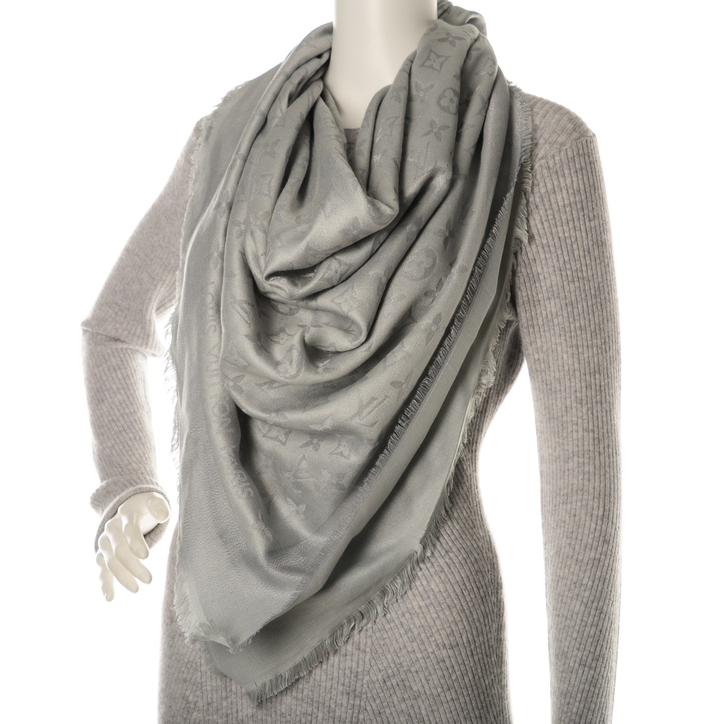 Silk Lurex Wool Monogram Shine Shawl Pearl Grey