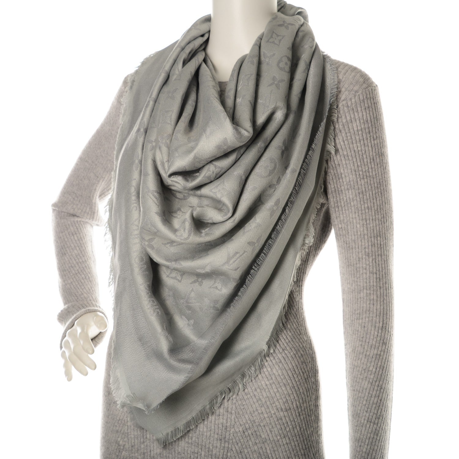 Louis Vuitton Silk Lurex Wool Monogram Shine Shawl Pearl Grey 2 of 5