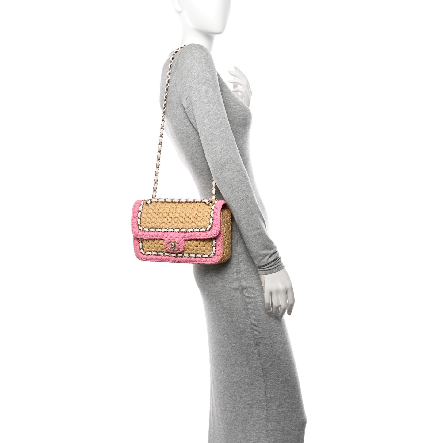 Raffia Chain Venice Beach Flap Bag Beige Pink