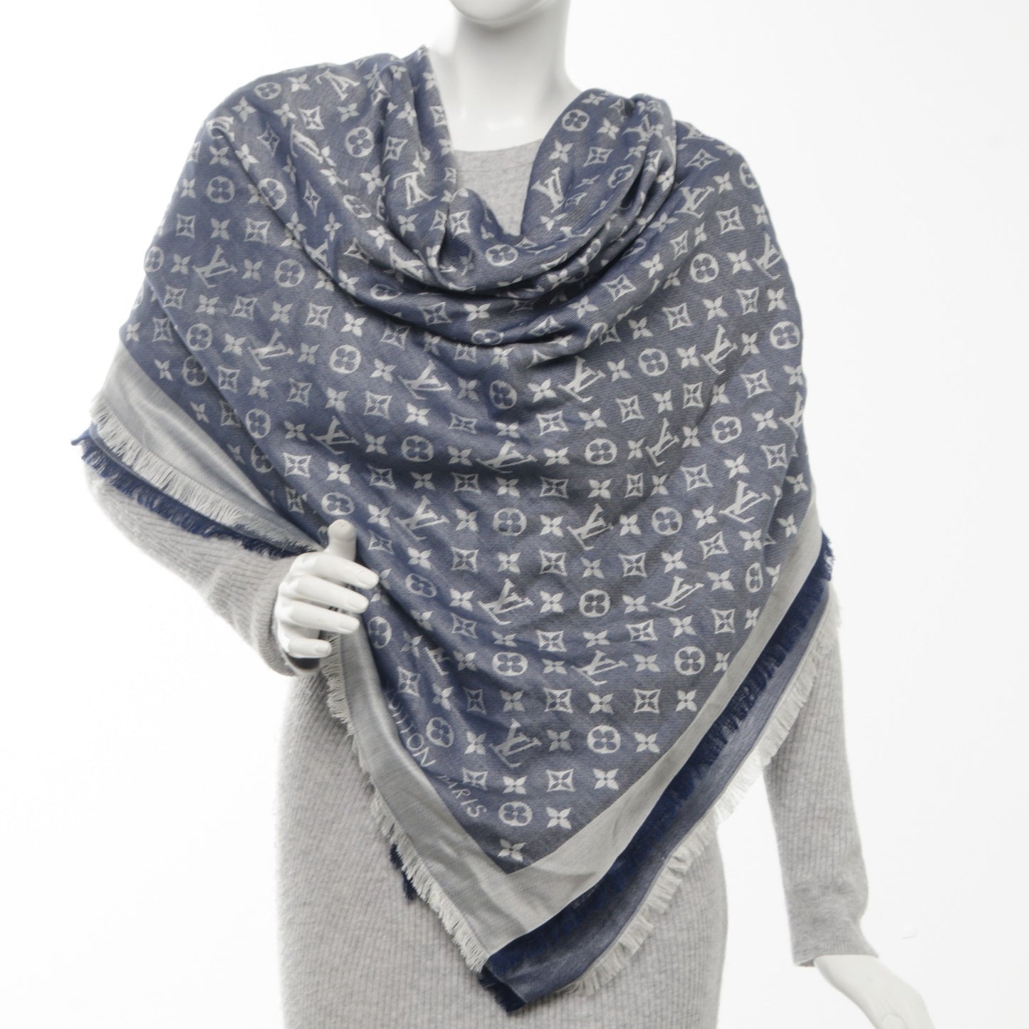 Silk Wool Monogram Denim Shawl Blue