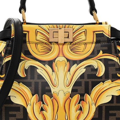 Fendi X VERSACE Vitello Seta Nappa Fendace FF Baroque Mini Peekaboo Iconic Satchel Tobacco Black Gold 7 of 9