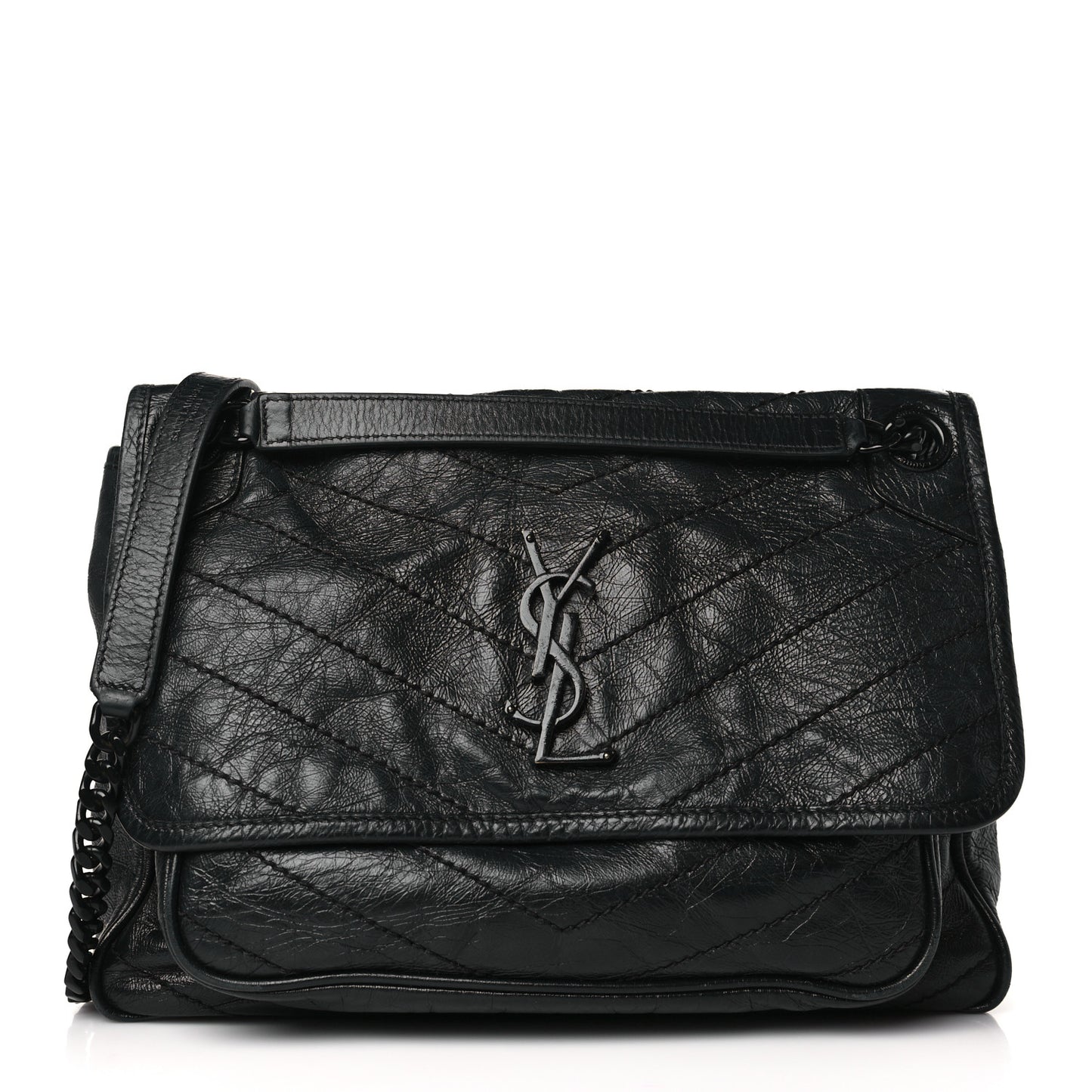 Crinkled Calfskin Matelasse Monogram Medium Niki Chain Satchel Black
