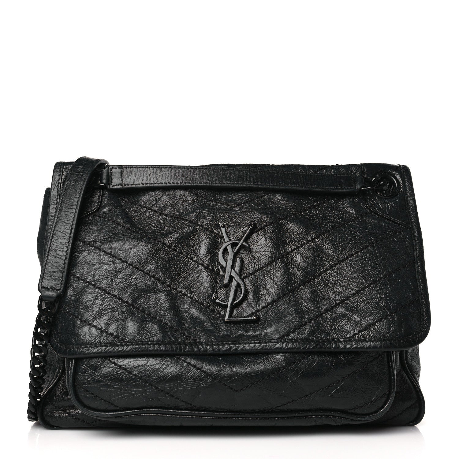 Saint Laurent Crinkled Calfskin Matelasse Monogram Medium Niki Chain Satchel Black 1 of 9