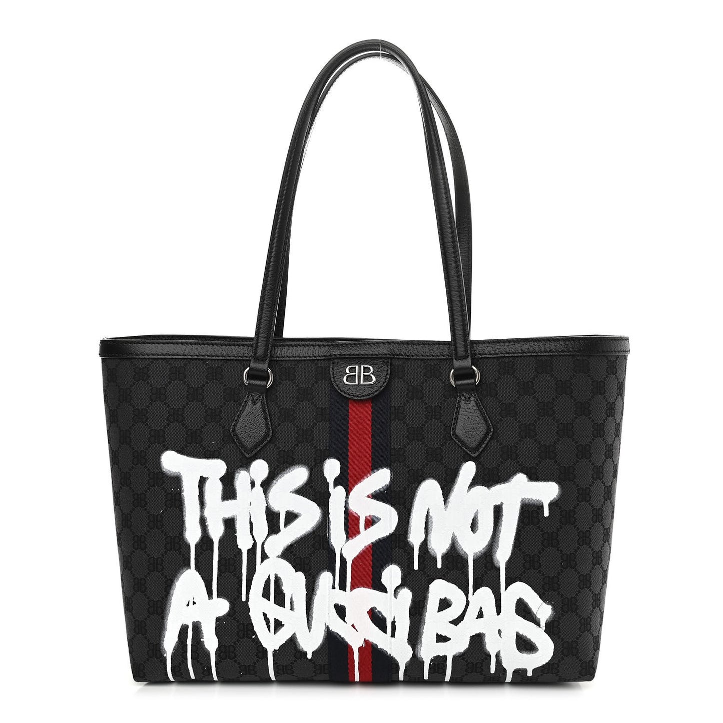 X BALENCIAGA BB Monogram Web Graffiti Medium Ophidia Shopping Tote Black