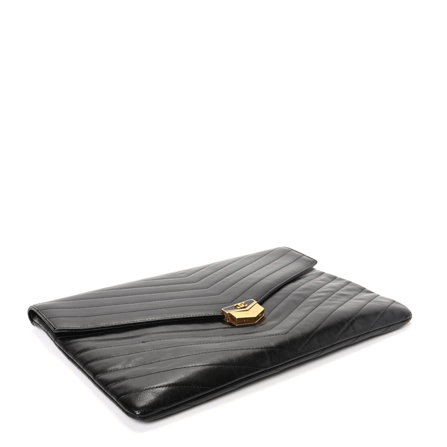 Calfskin Chevron Quilted Medal Flap Pouch Black