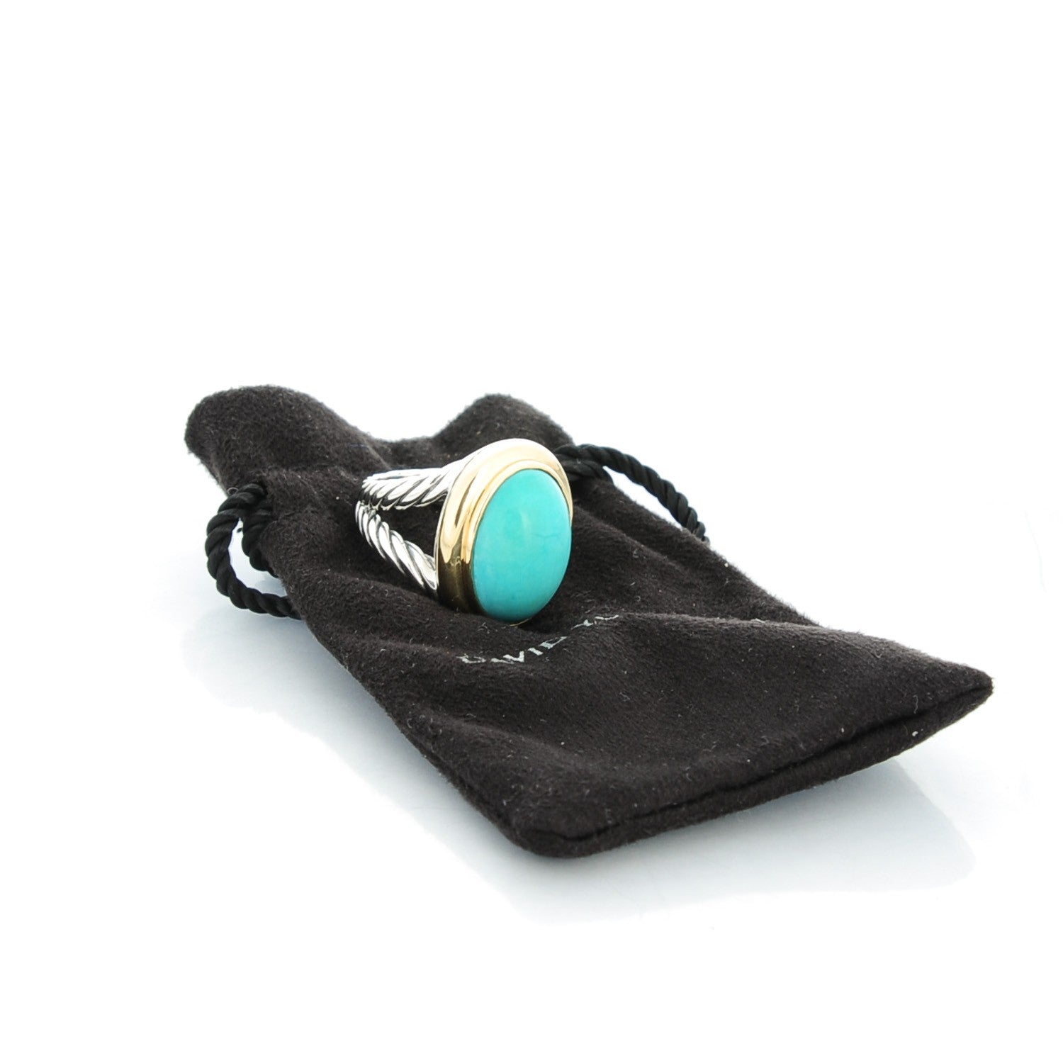 David Yurman Sterling Silver 18K Yellow Gold Turquoise 12mm Signature Oval Ring 49 5 7 of 7