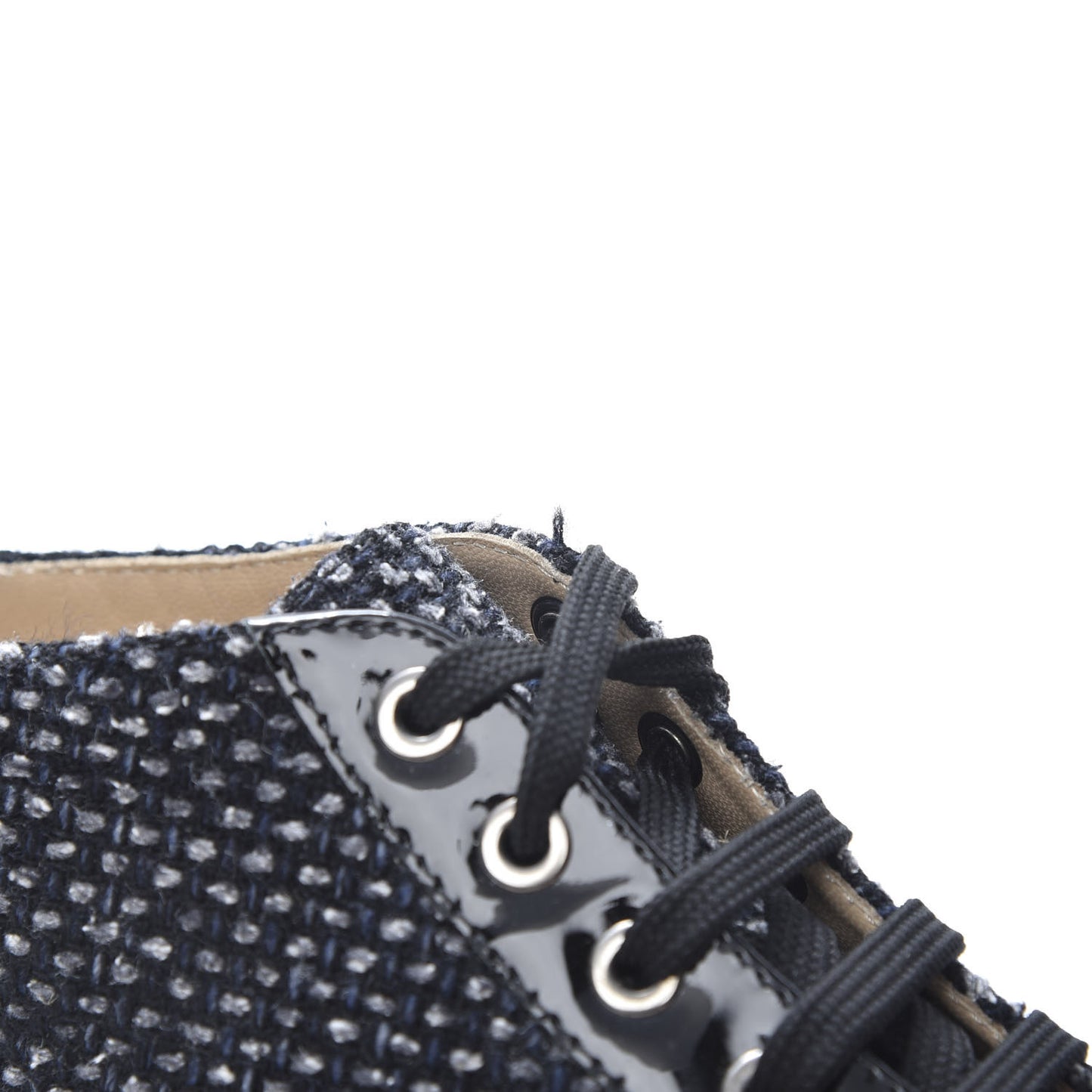 Tweed Calfskin Patent CC Lace Up Short Boots 41 Black Grey Dark Navy