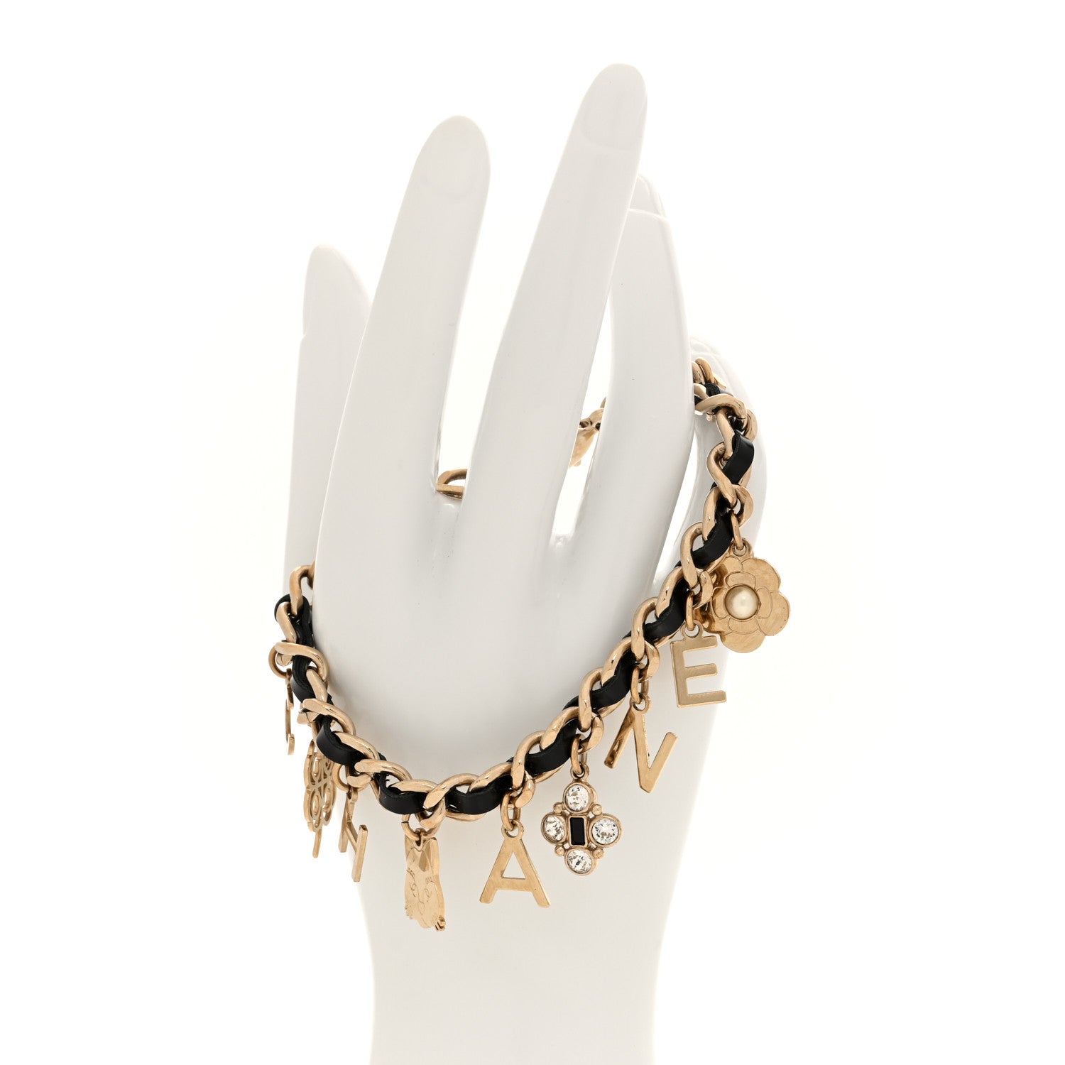 Chanel Metal Lambskin Crystal Chain CC Charms Bracelet Gold Black 2 of 4