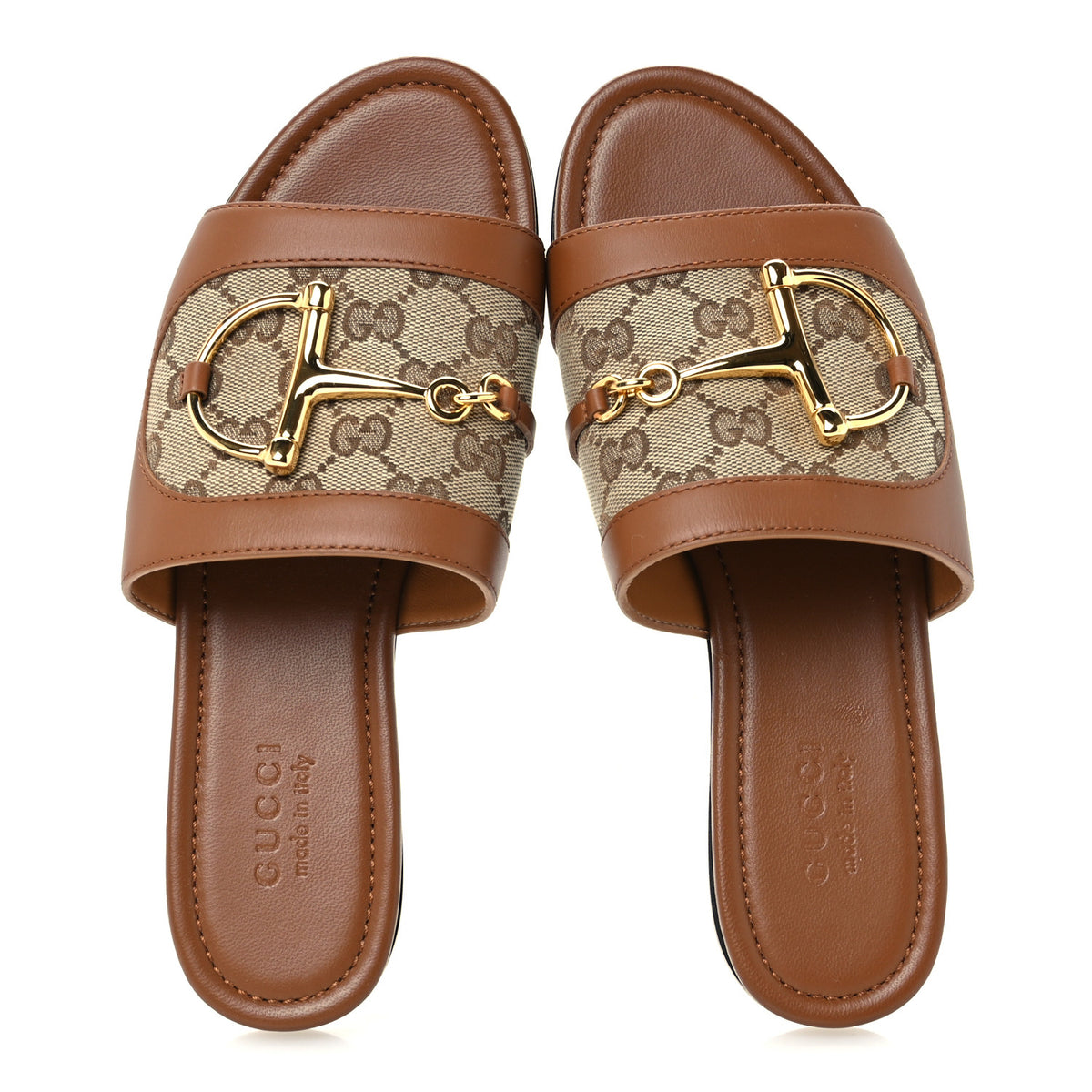 Calfskin Monogram Horsebit Womens Slide Sandals 38 Sundial Beige Ebony