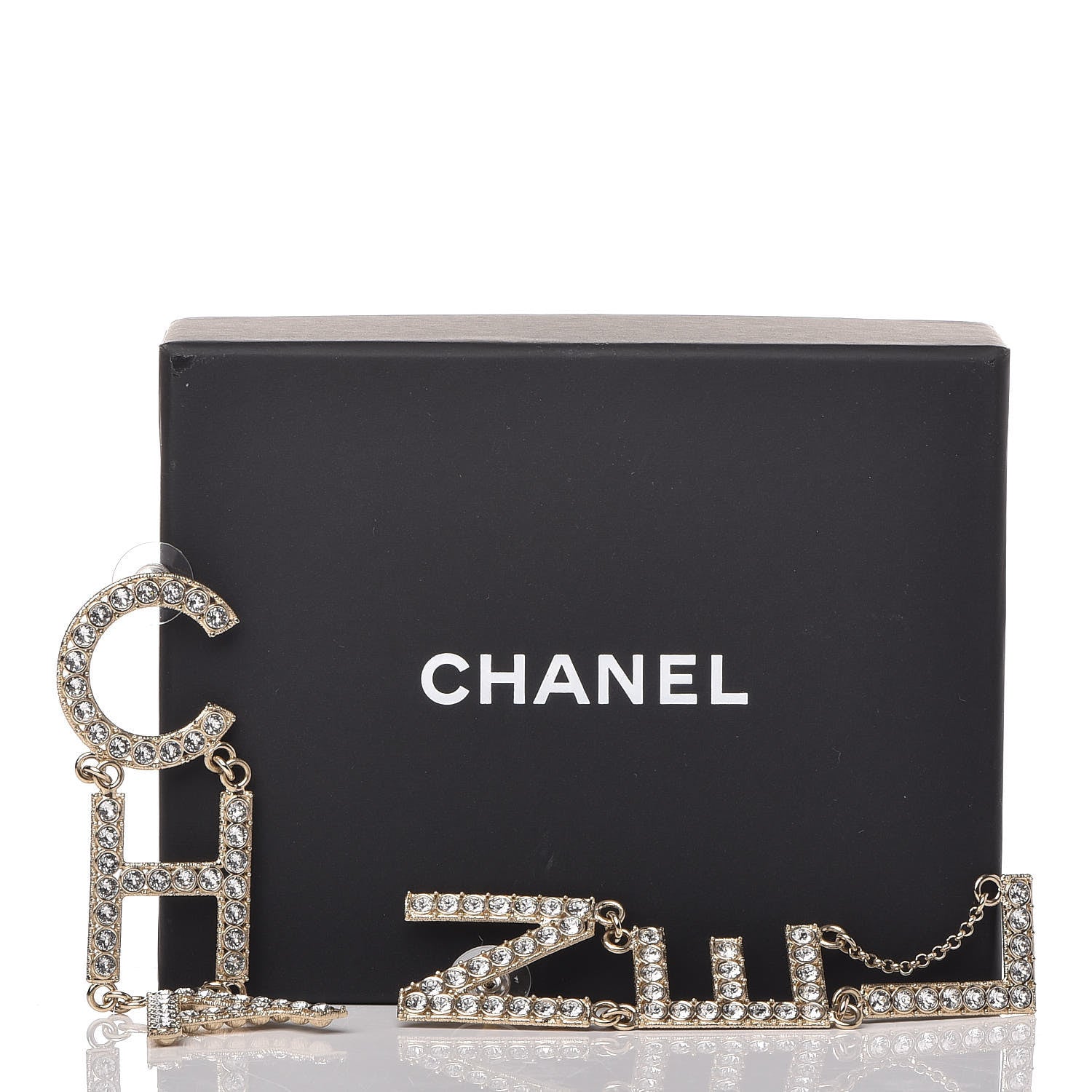 Chanel Crystal Cha-Nel Logo Drop Earrings Gold 3 of 6