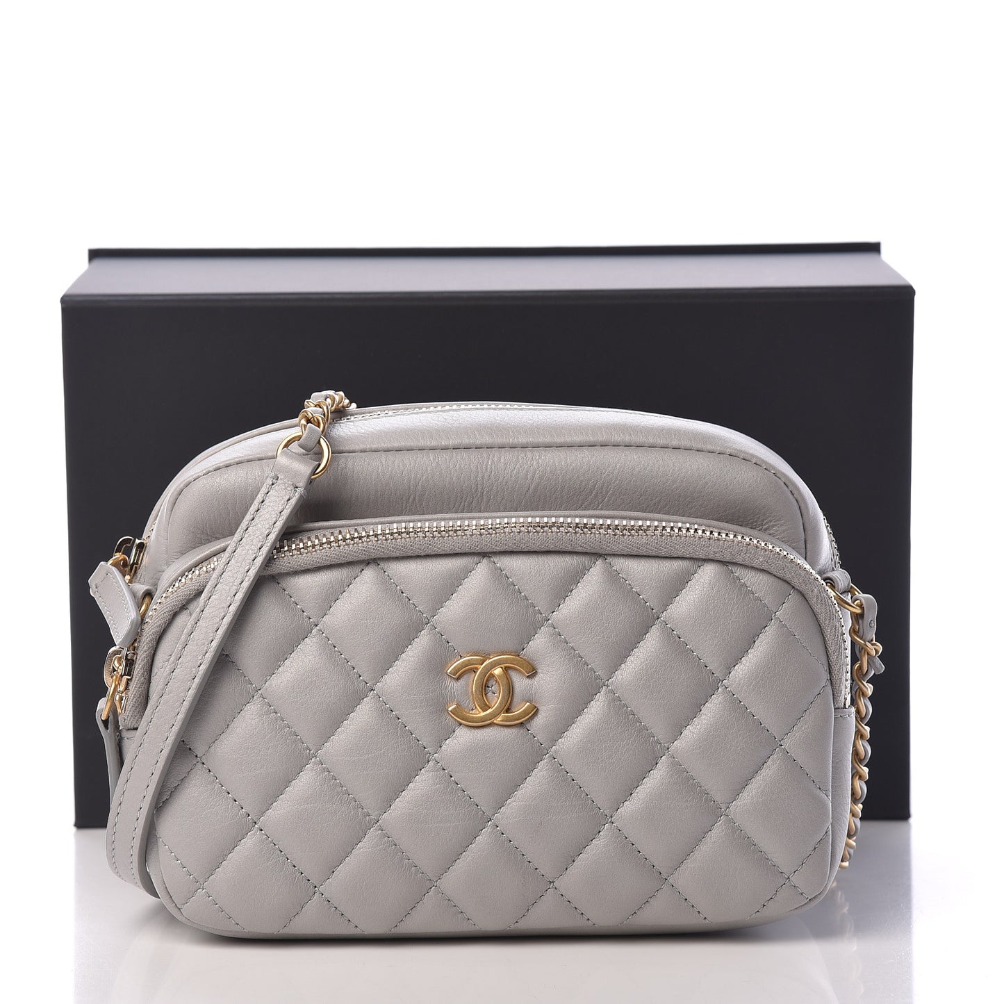 Iridescent Calfskin Quilted Day Trips Camera Case Light Grey