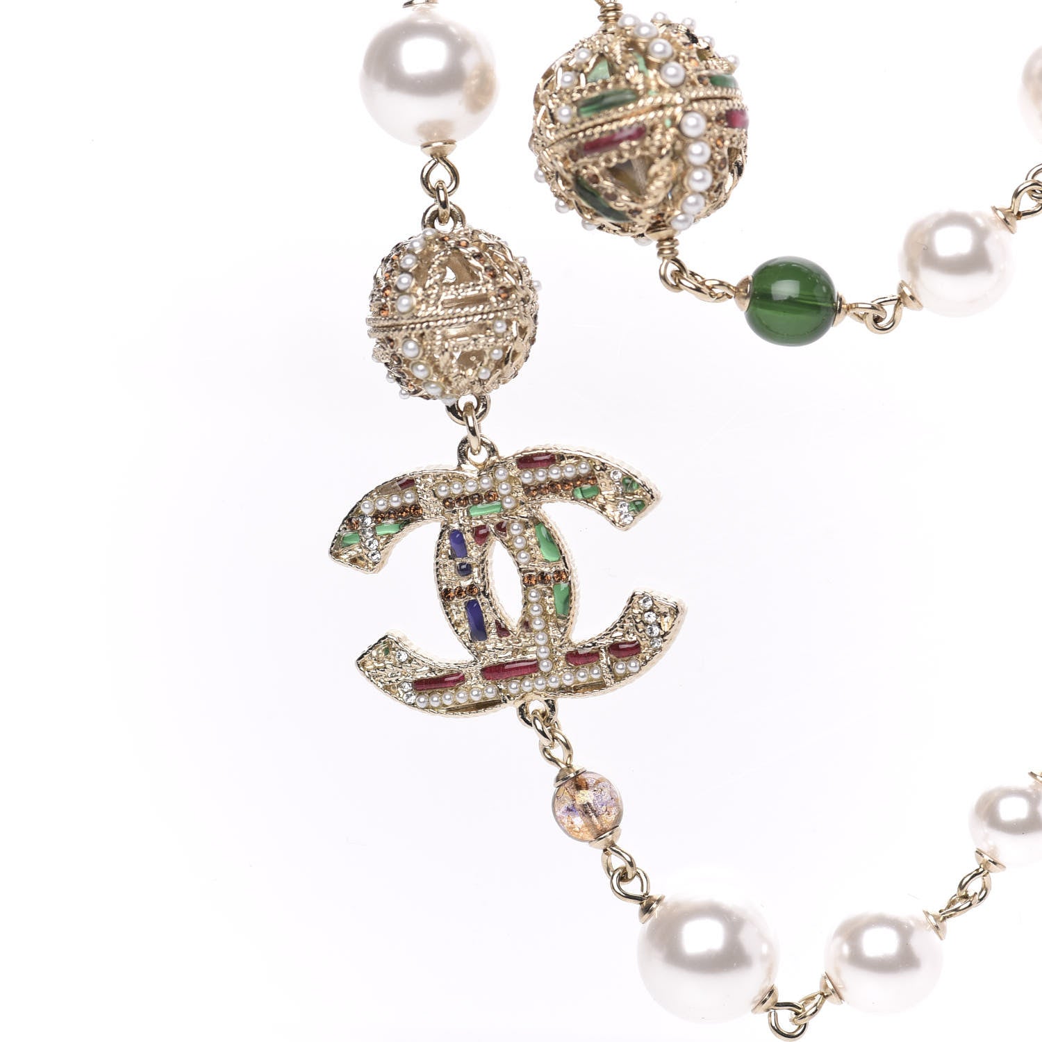 Chanel Pearl Bead Tweed Effect CC Long Necklace Gold Green Red 5 of 5