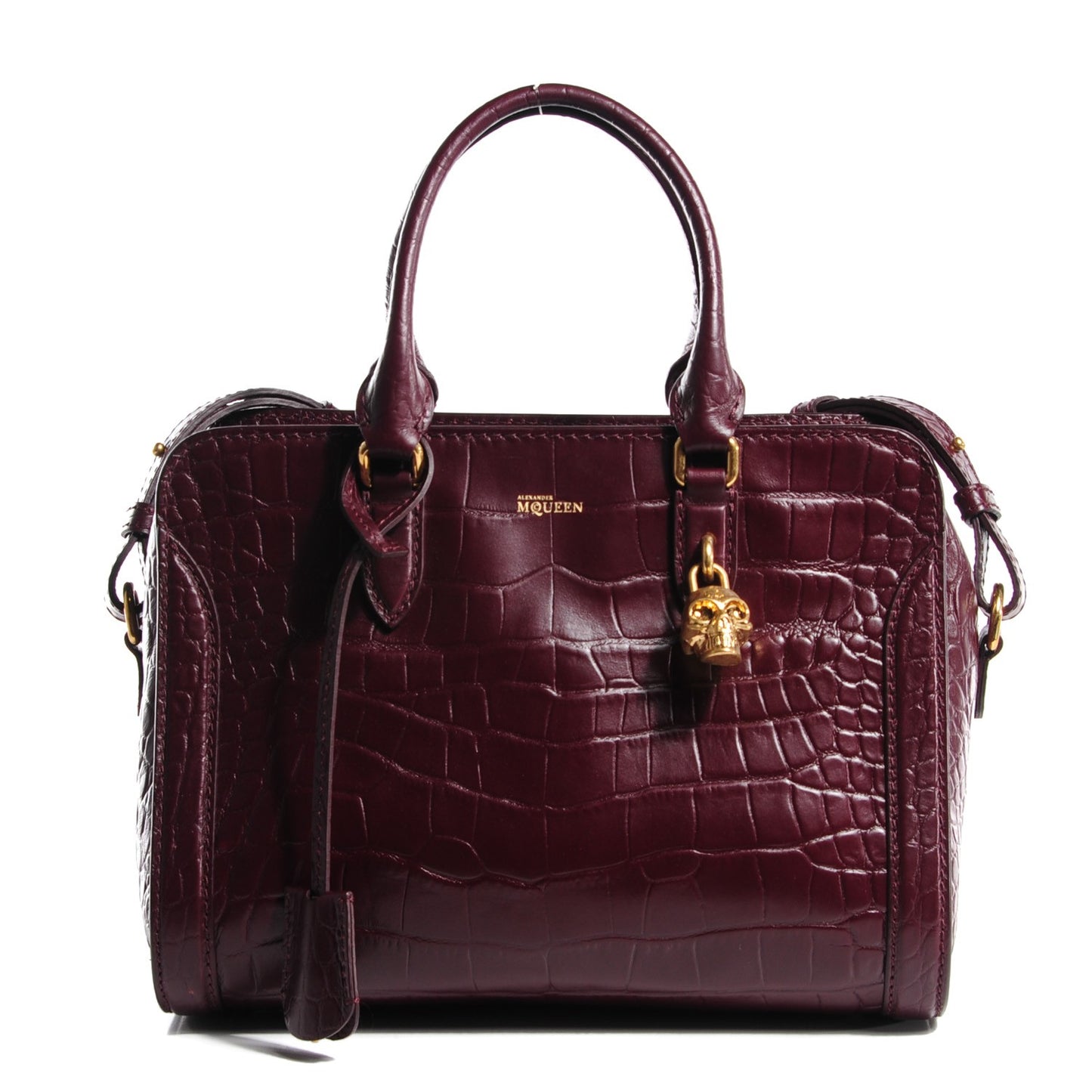 Calfskin Crocodile Embossed Small Skull Padlock Zip Around Tote Bordeaux