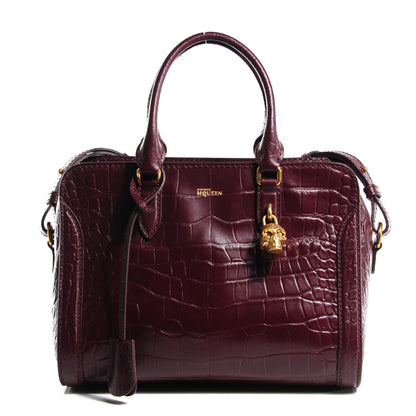 Alexander McQueen Calfskin Crocodile Embossed Small Skull Padlock Zip Around Tote Bordeaux 1 of 9