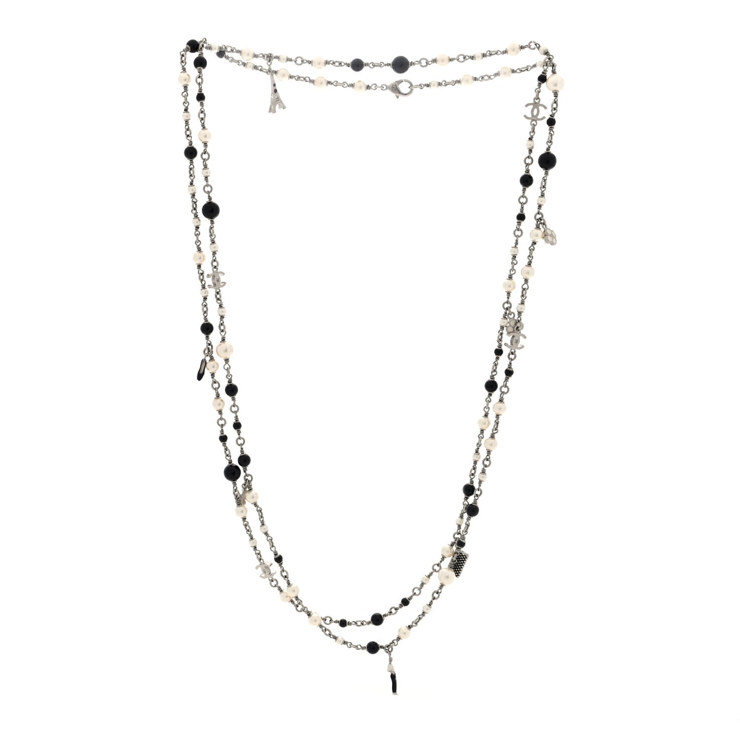 Pearl Beaded CC Charm Long Necklace Silver Black