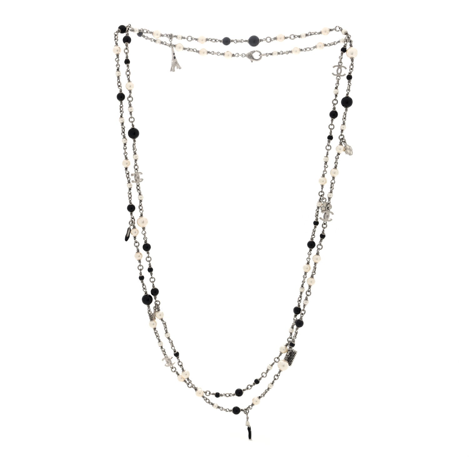 Chanel Pearl Beaded CC Charm Long Necklace Silver Black 3 of 4
