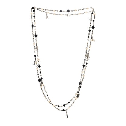 Chanel Pearl Beaded CC Charm Long Necklace Silver Black 3 of 4
