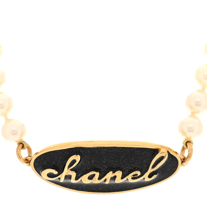 Chanel Pearl Metal Resin Logo Choker Gold Black Pearly White 1 of 4