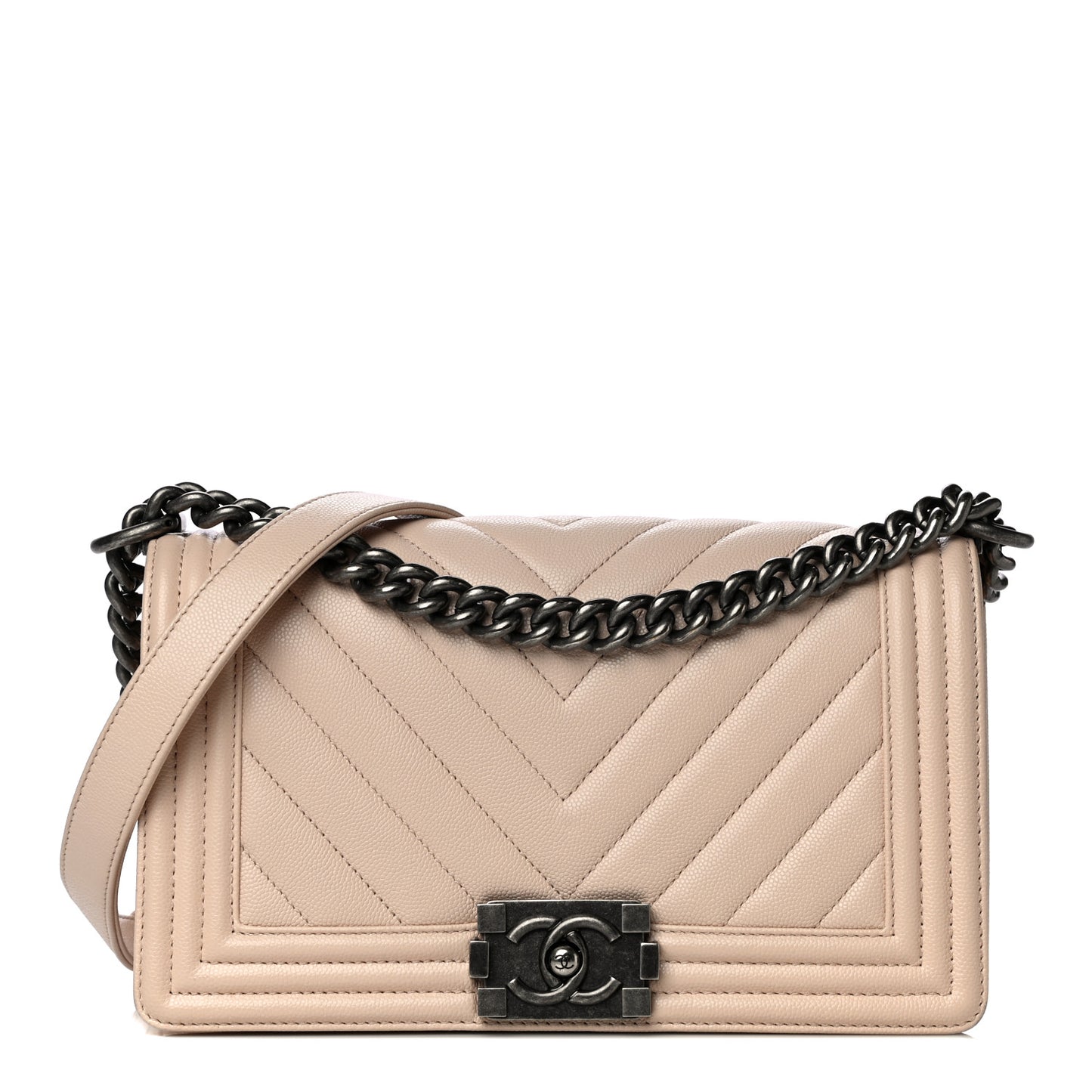 Caviar Chevron Quilted Medium Boy Flap Light Beige