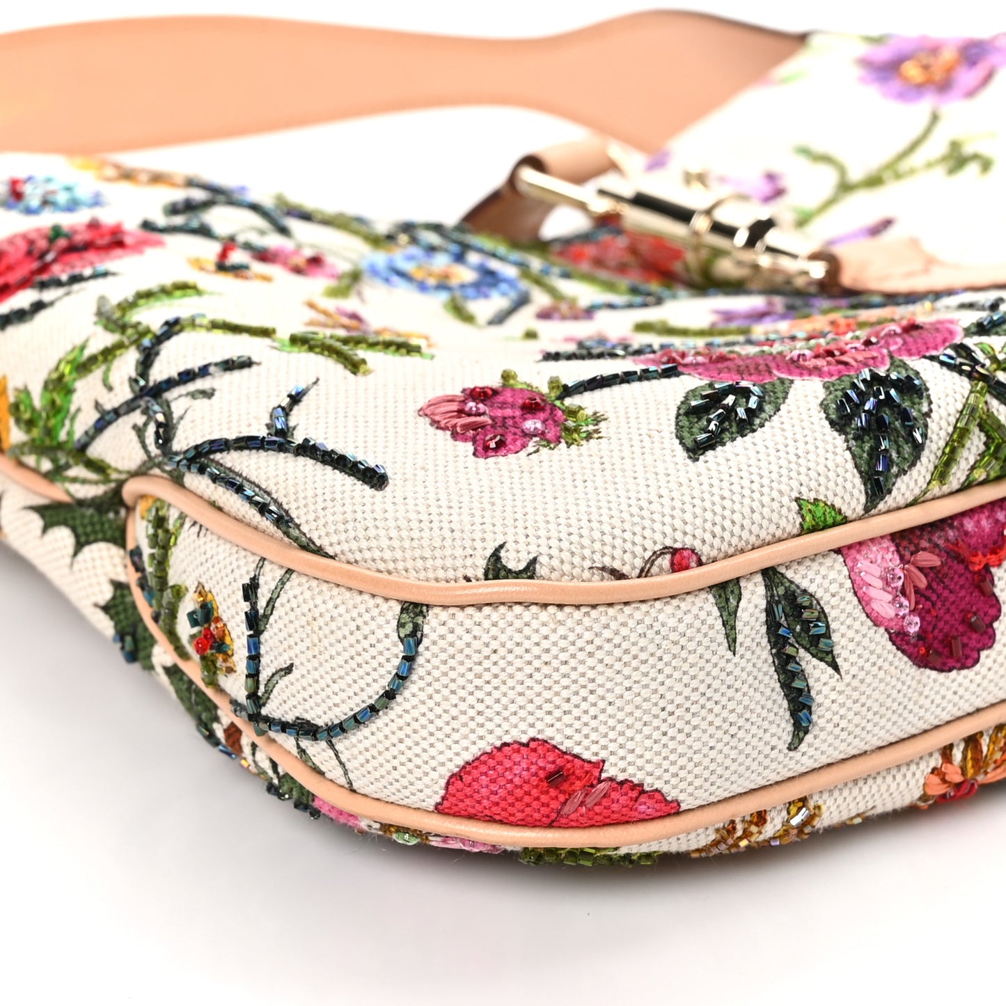 Canvas Beaded Floral Flora Small Jackie O Hobo White