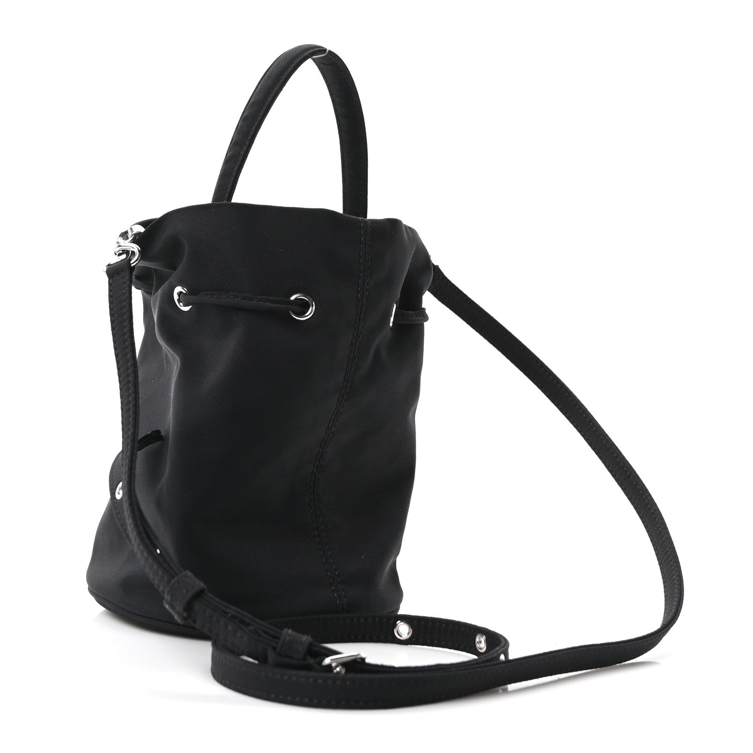 Balenciaga Recycled Sport Nylon Logo Embroidered Wheel Drawstring Bucket Bag Black White 3 of 10