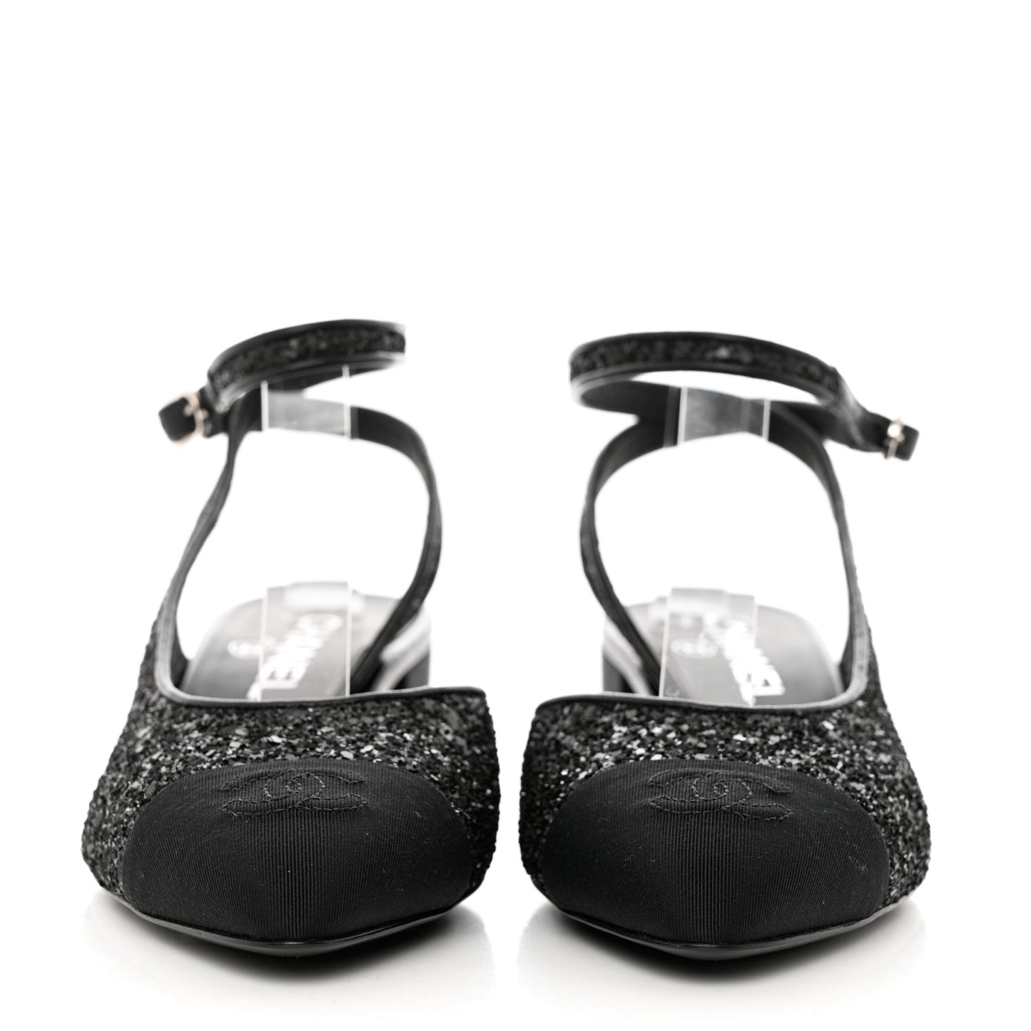 Glitter Grosgrain Cap Toe CC Ankle Wrap Pumps 38 Black