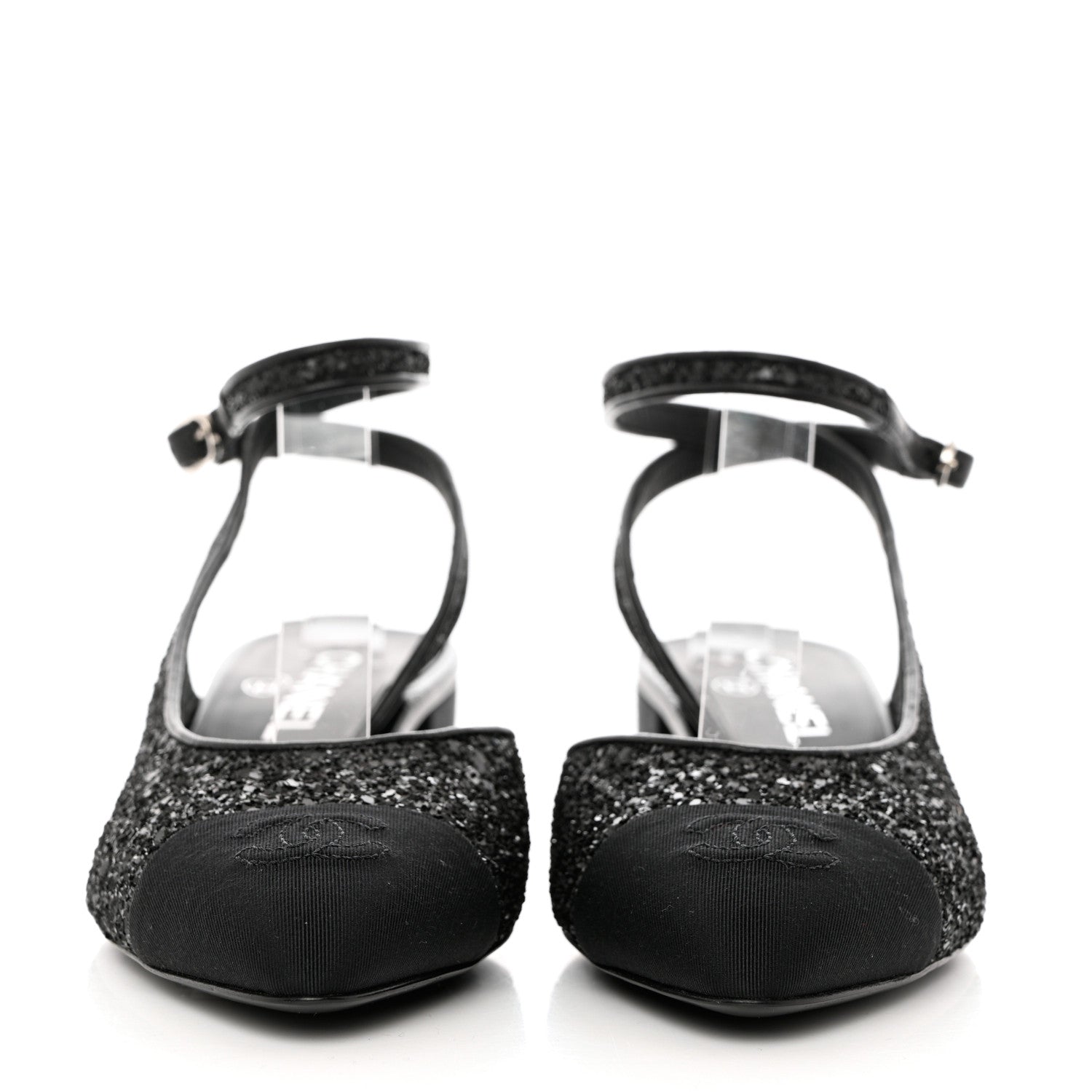 Chanel Glitter Grosgrain Cap Toe CC Ankle Wrap Pumps 38 Black 2 of 9