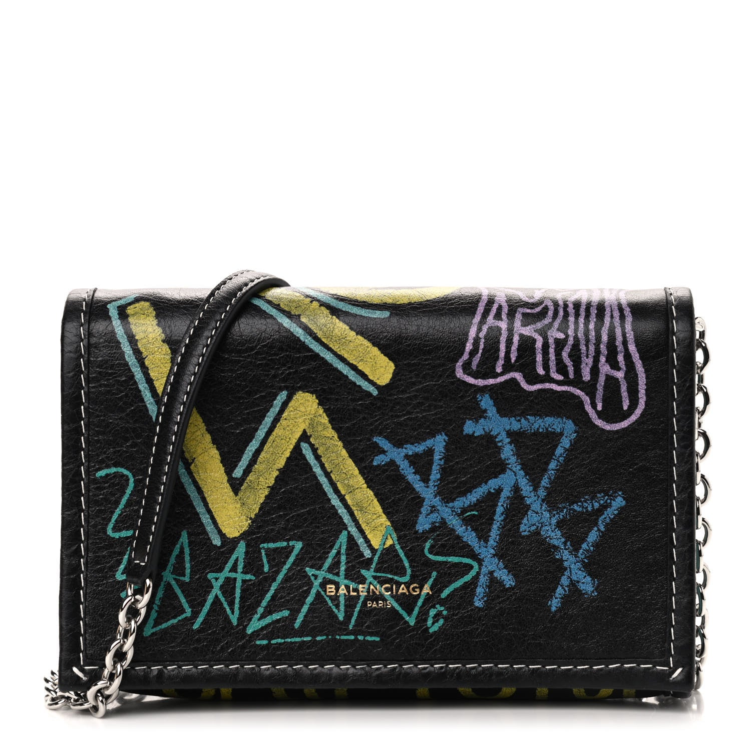 Balenciaga Agneau Arena Graffiti All Over Bazar Chain Shoulder Bag Black Multicolor 1 of 10