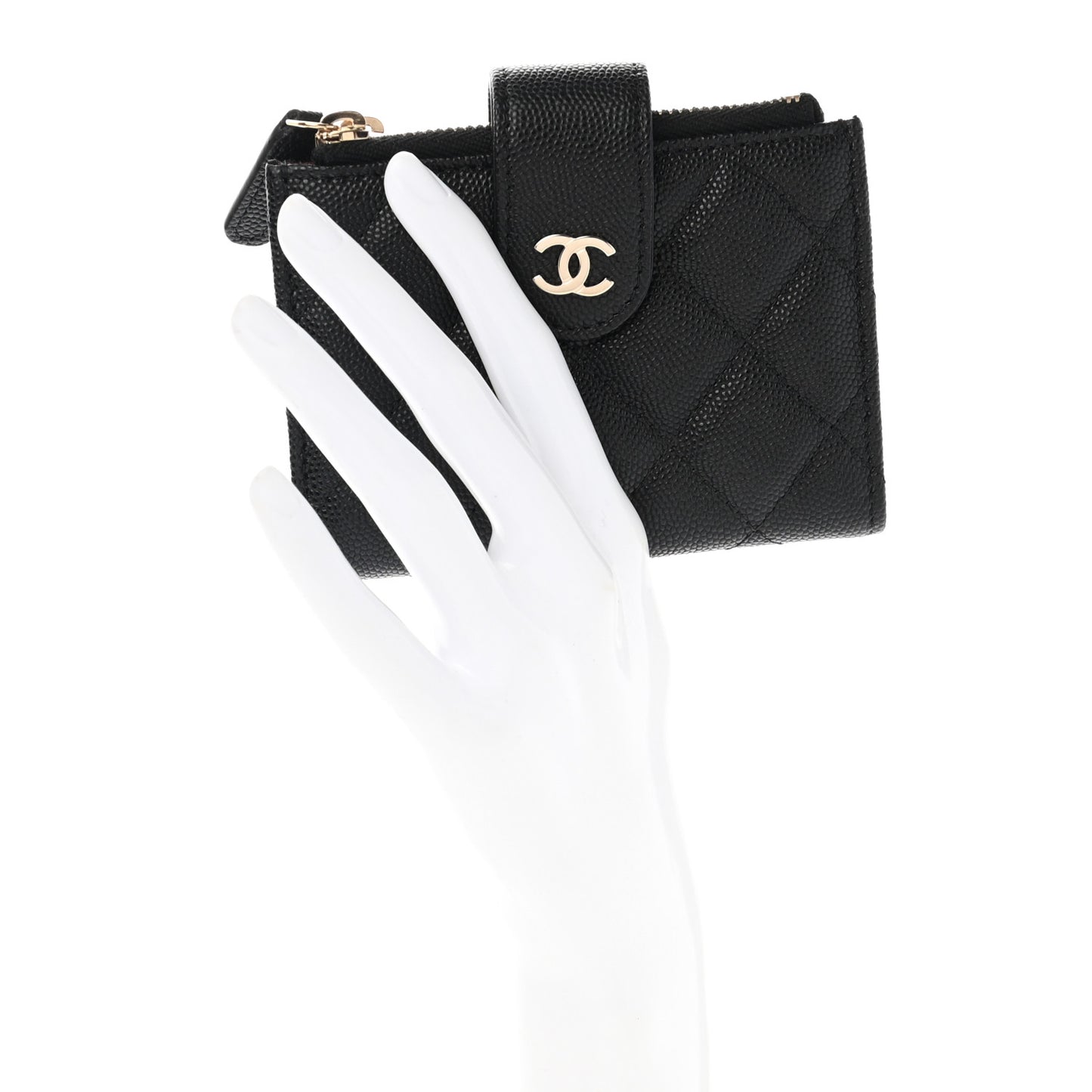 Caviar Quilted Compact Zipped Pocket Wallet Black