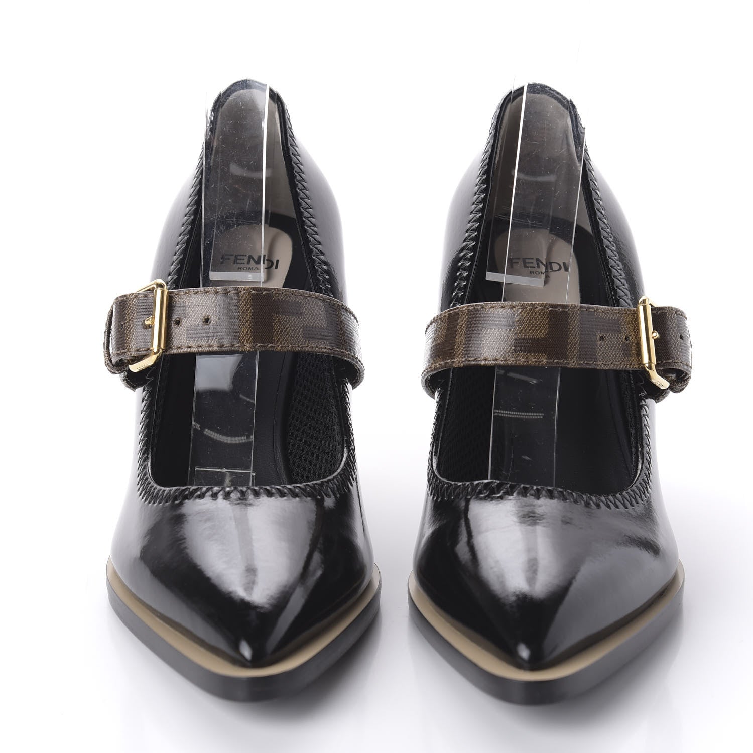 Fendi Glossy Neoprene Glazed Fabric FF FFrame Court Mary Jane Pumps 38.5 Black Tobacco Moro 2 of 8