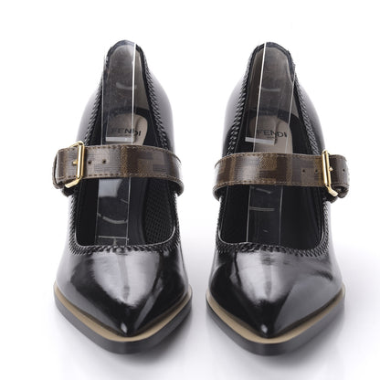 Fendi Glossy Neoprene Glazed Fabric FF FFrame Court Mary Jane Pumps 38.5 Black Tobacco Moro 2 of 8