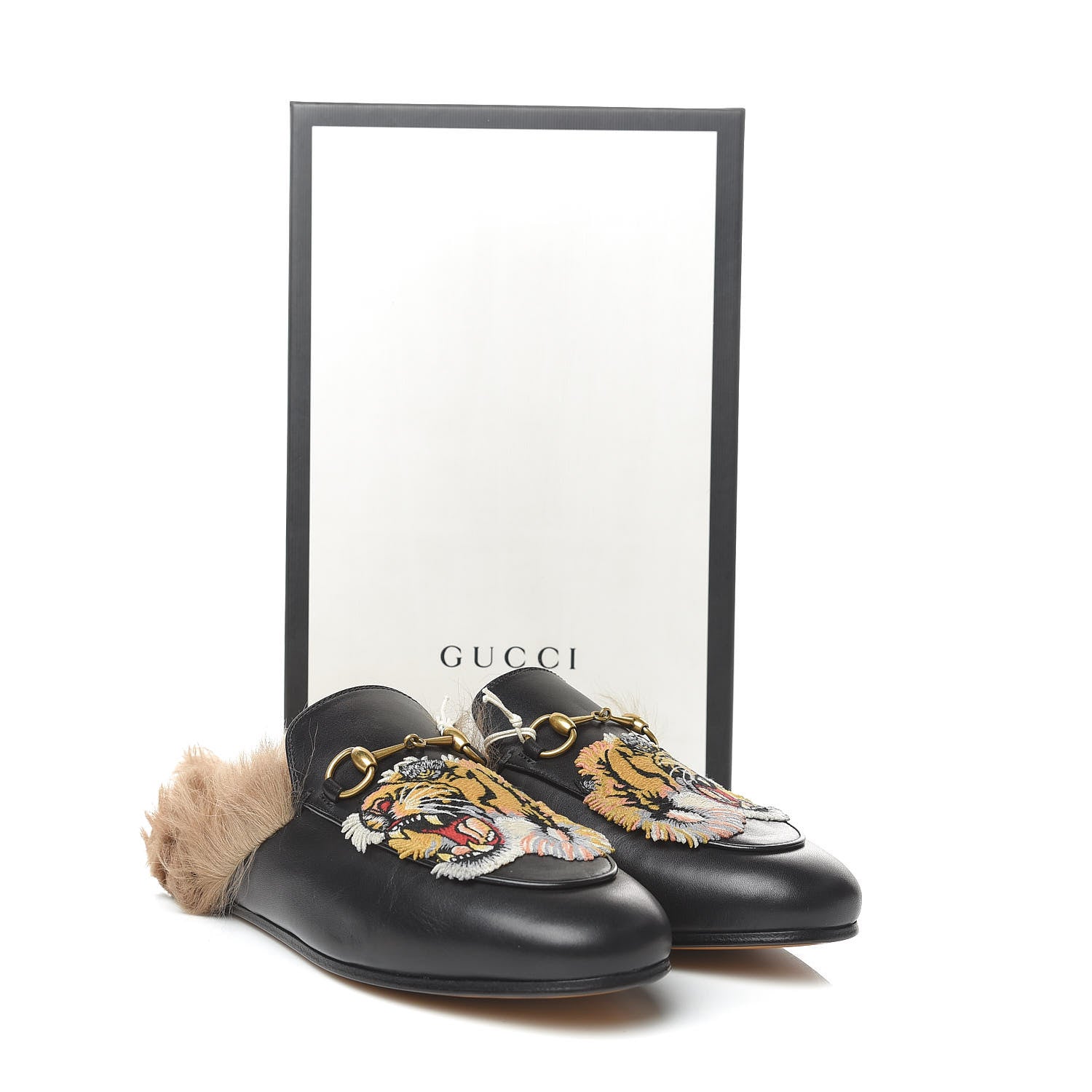 Gucci Calfskin Lambswool Tiger Embroidered Womens Princetown Slippers 38 Black 9 of 9