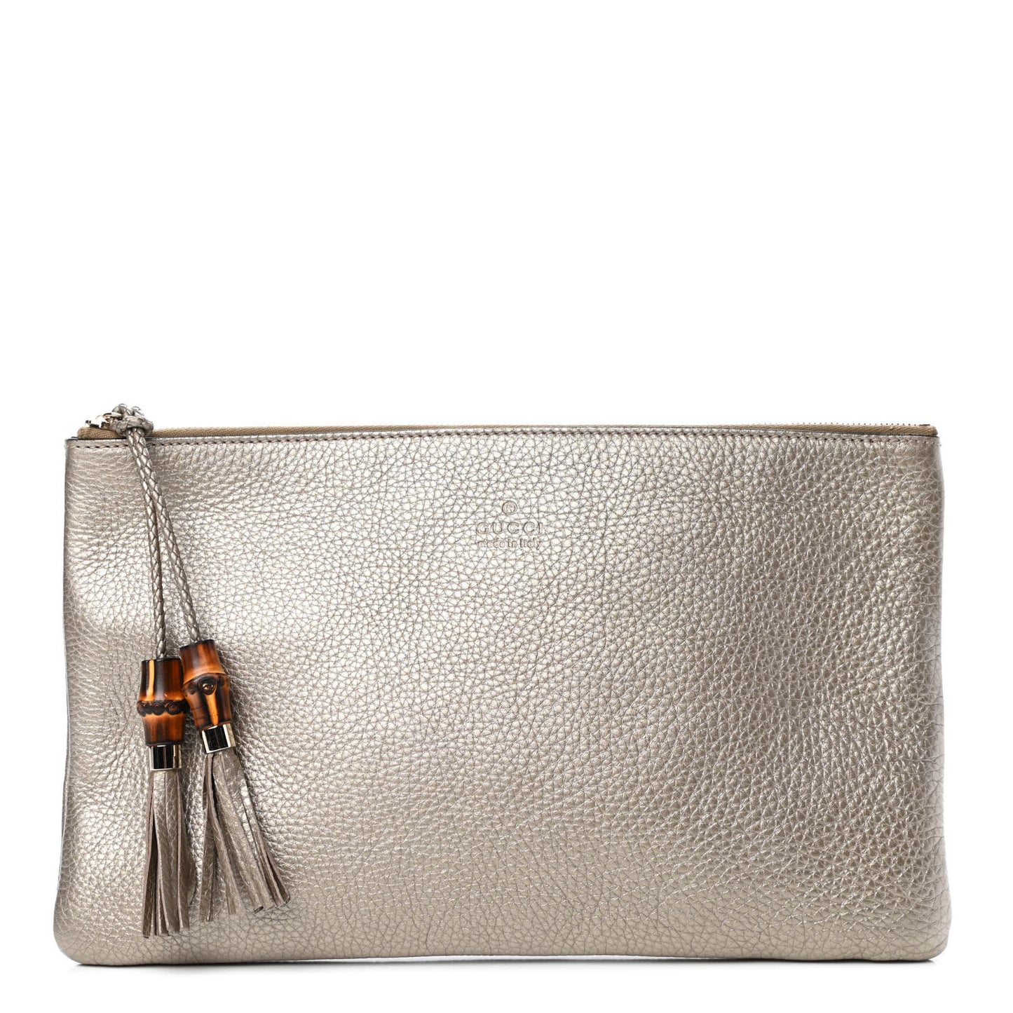 Metallic Pebbled Calfskin Large Bamboo Clutch Gold