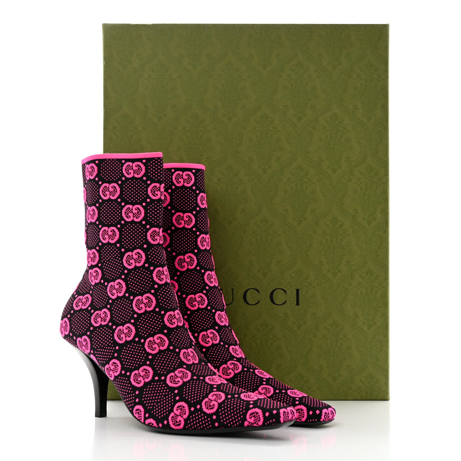 Gucci Technical Jersey Knit GG Monogram Square G 75mm Ankle Boots 38.5 Black Neon Fucsia 9 of 9