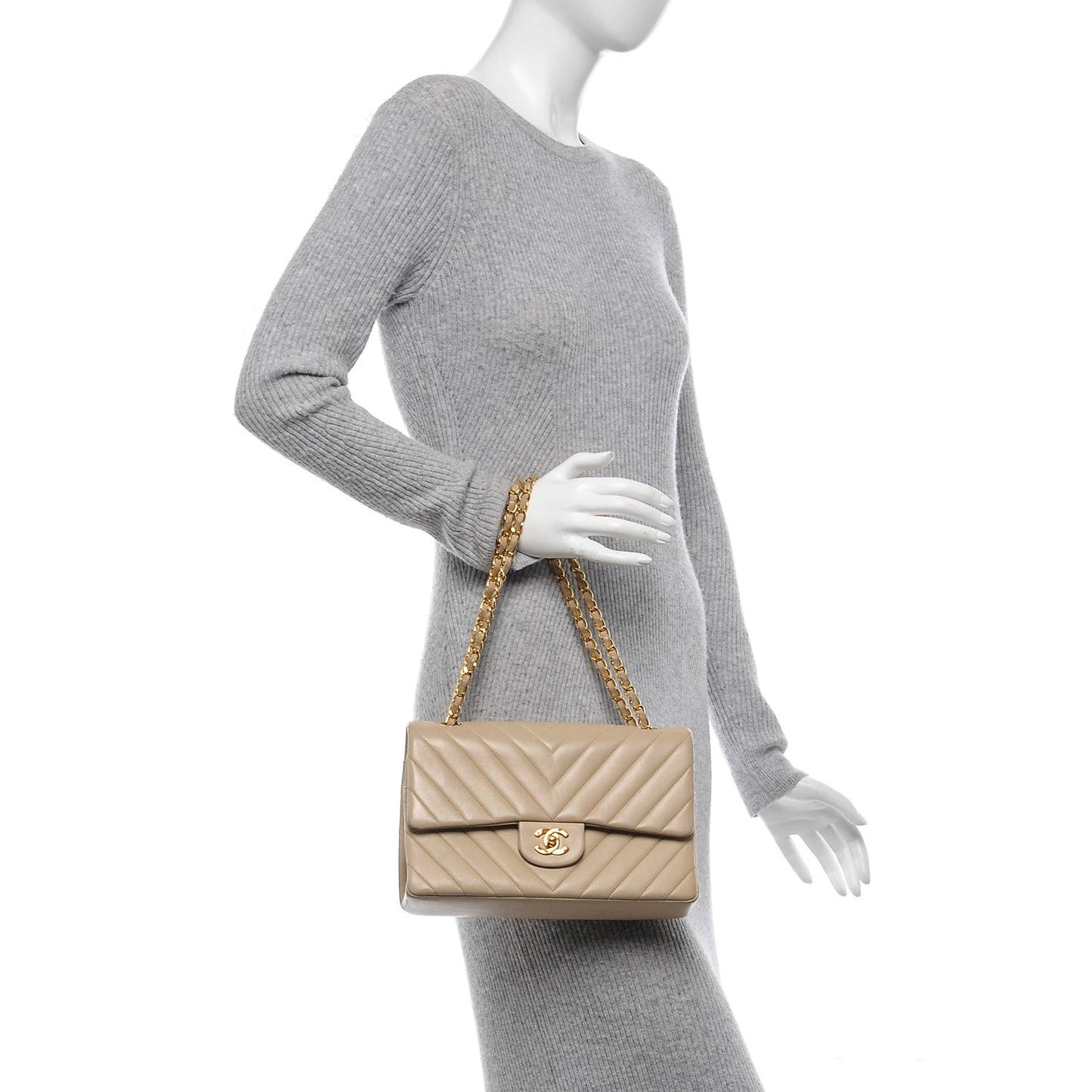 Lambskin Chevron Quilted Medium Double Flap Beige