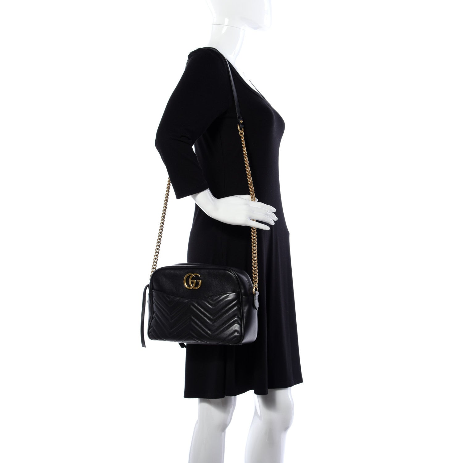 Gucci Calfskin Matelasse Medium GG Marmont Chain Shoulder Bag Black 2 of 17