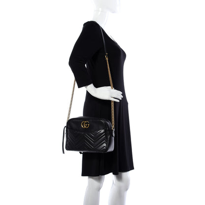Gucci Calfskin Matelasse Medium GG Marmont Chain Shoulder Bag Black 2 of 17
