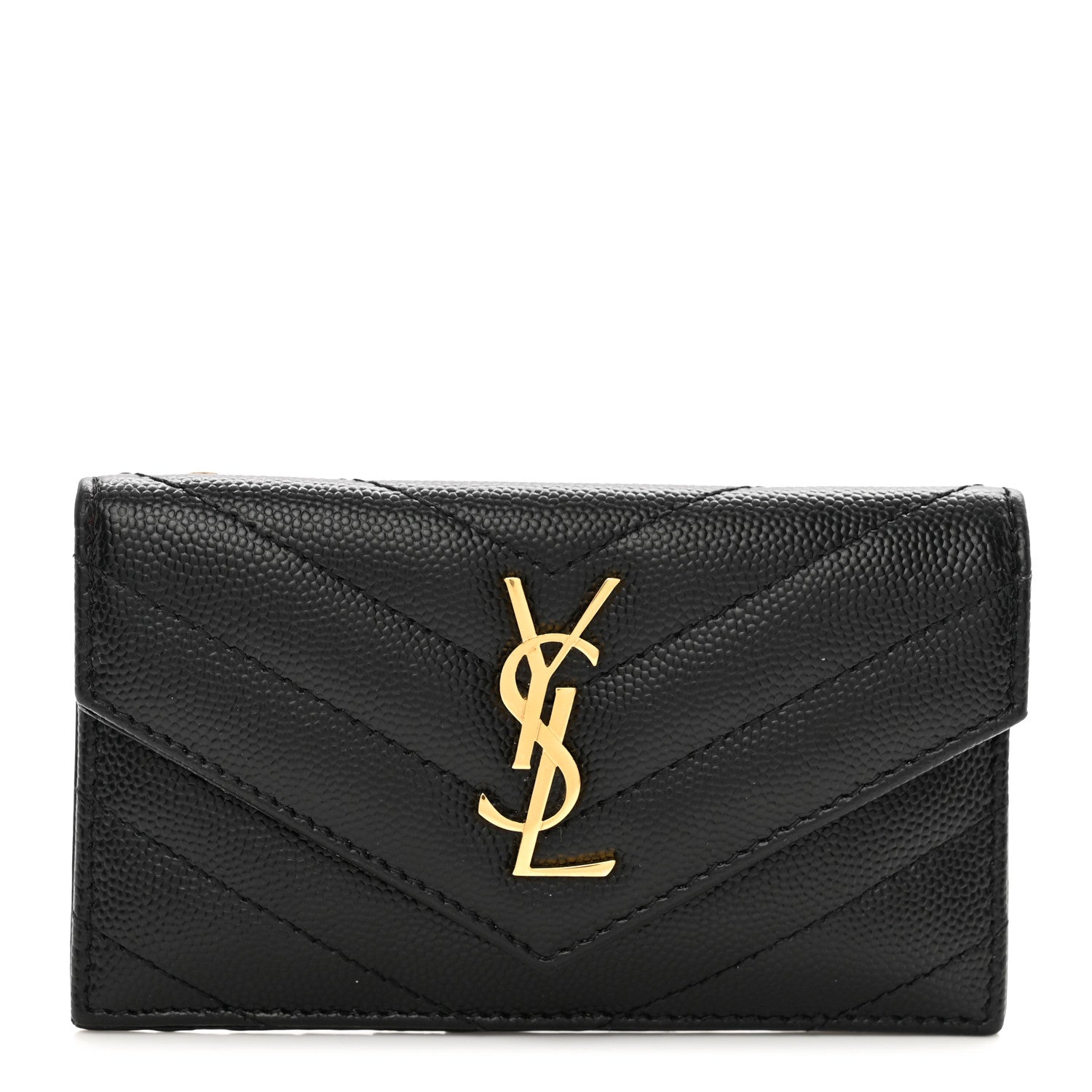 Saint Laurent Grain De Poudre Matelasse Chevron Monogram Compact Wallet Black 1 of 7