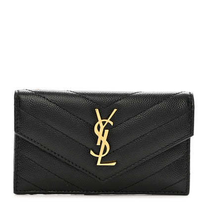 Saint Laurent Grain De Poudre Matelasse Chevron Monogram Compact Wallet Black 1 of 7