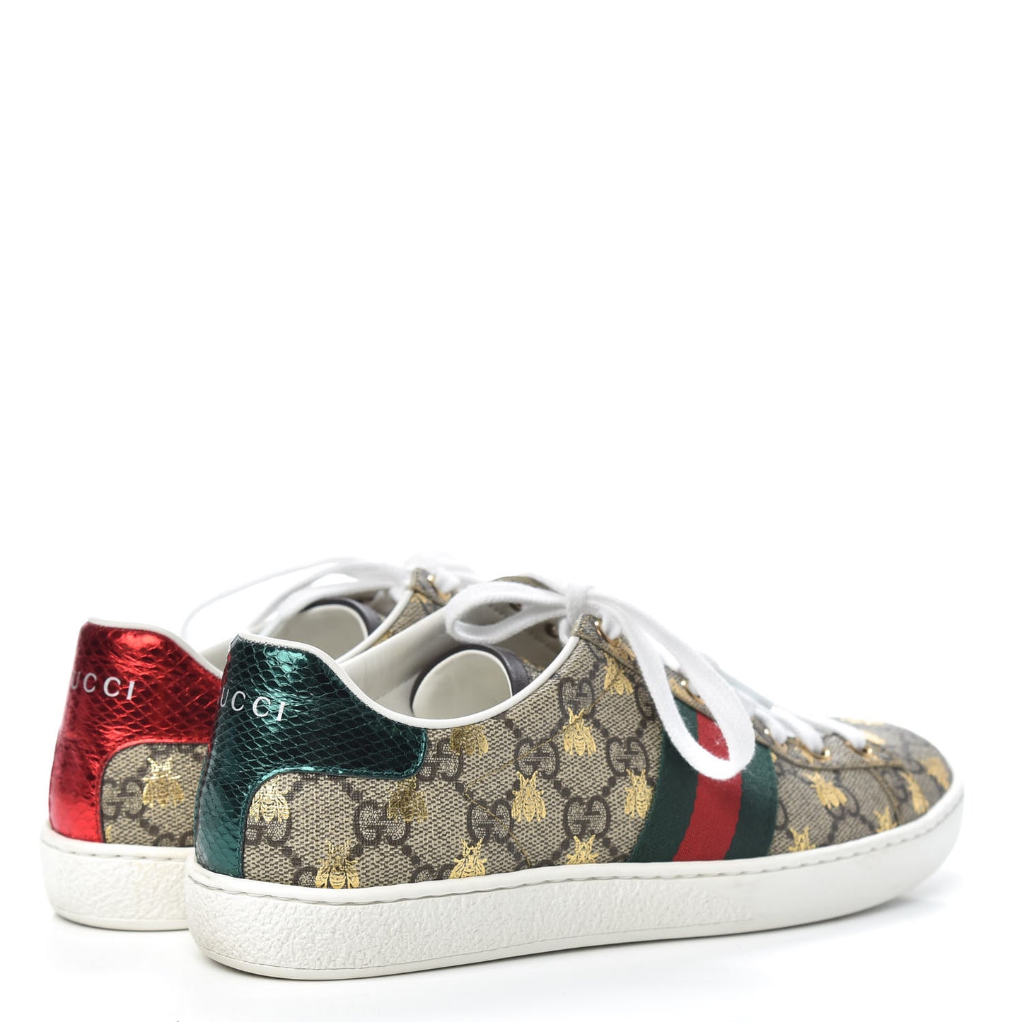 GG Supreme Monogram Bees Ayers Web Womens Ace Sneakers 37 Beige Oro Green Red