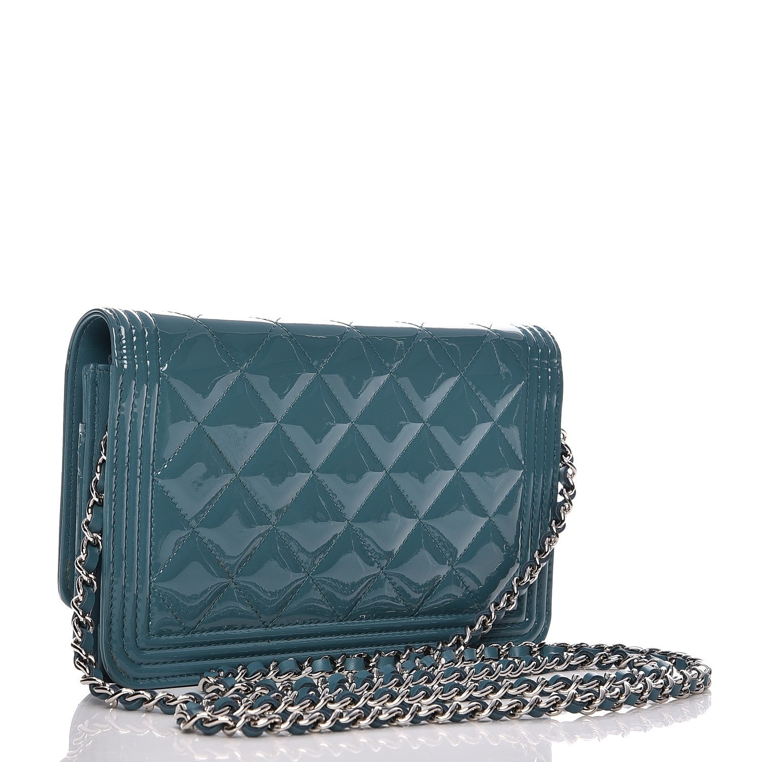 Chanel Patent Calfskin Quilted Boy Wallet On Chain WOC Peacock Blue 3 of 9