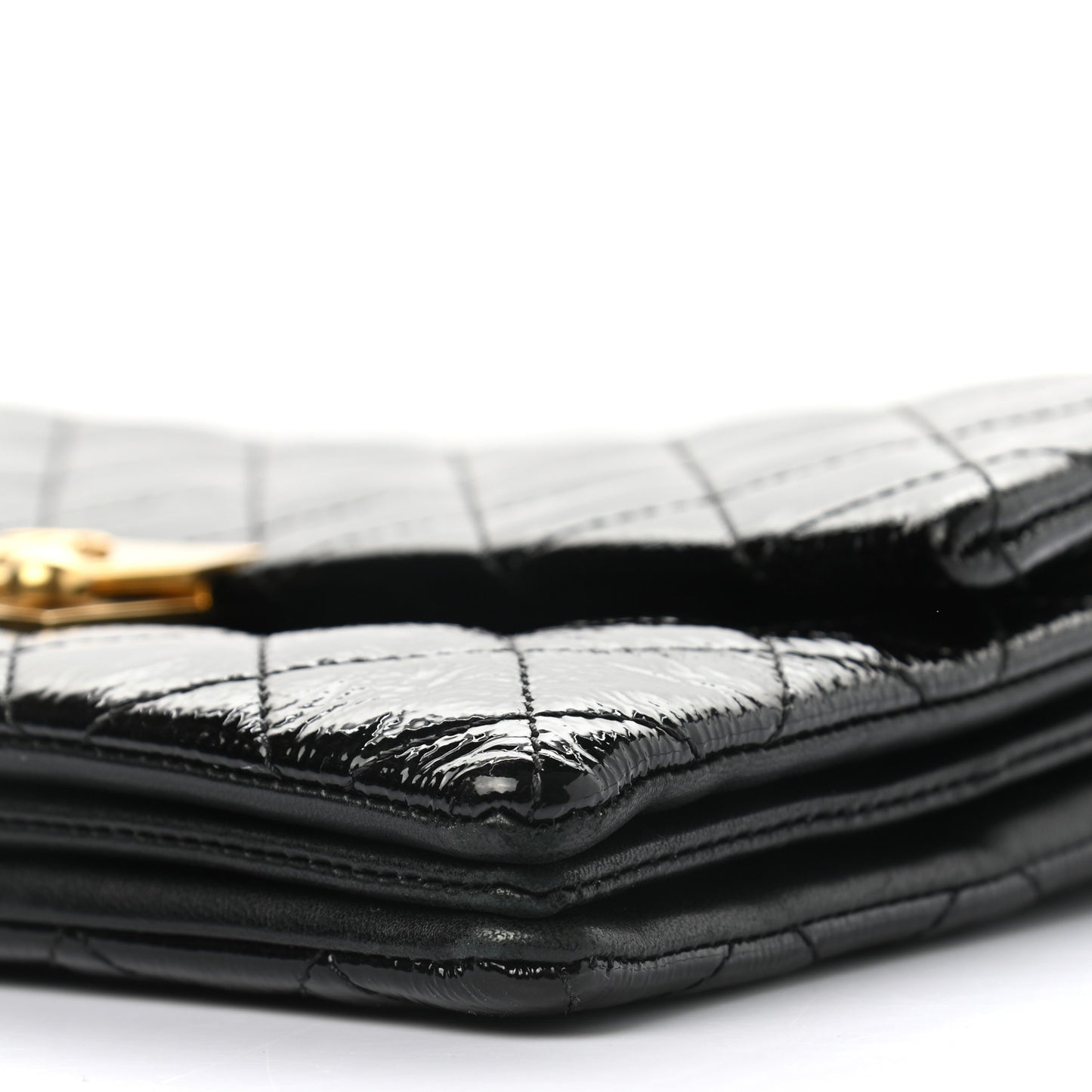 Patent Goatskin Quilted 3 Pocket Accordion Flap Black