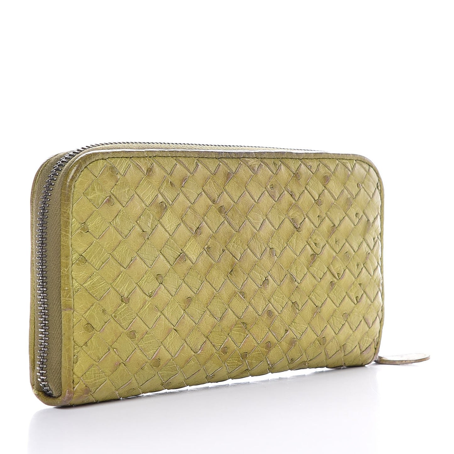 Ostrich Intrecciato Zip Around Wallet Green