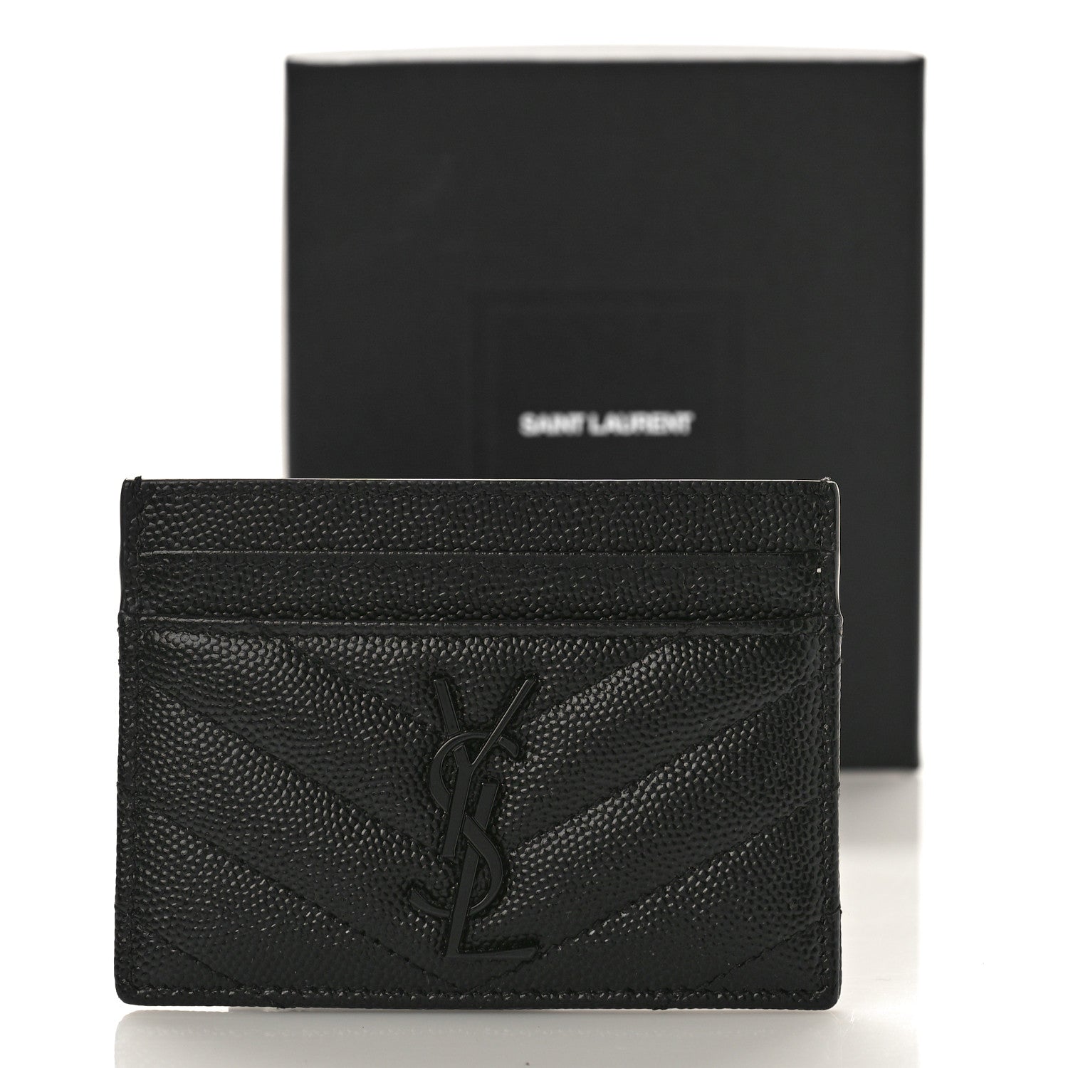 Saint Laurent Grain De Poudre Matelasse Chevron Monochrome Monogram Credit Card Case Black 9 of 9