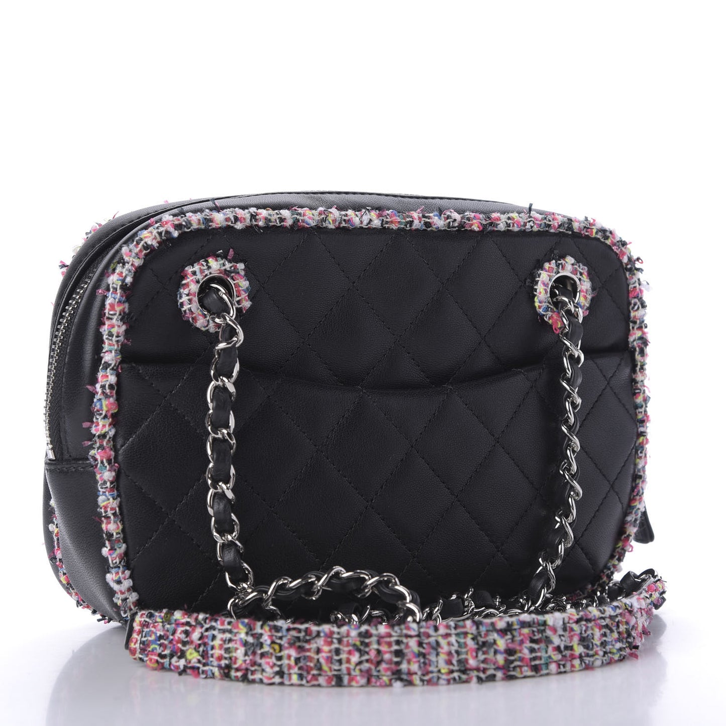 Lambskin Quilted Tweed Elegant Trim Front Zip Camera Case Black