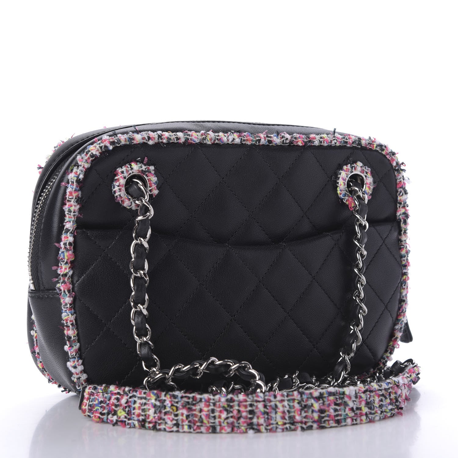 Chanel Lambskin Quilted Tweed Elegant Trim Front Zip Camera Case Black 3 of 9