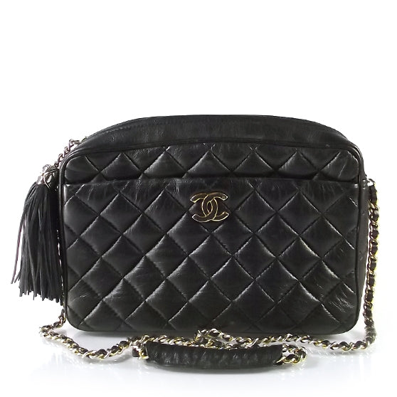 Vintage Quilted Lambskin Tassel Camera Case Black