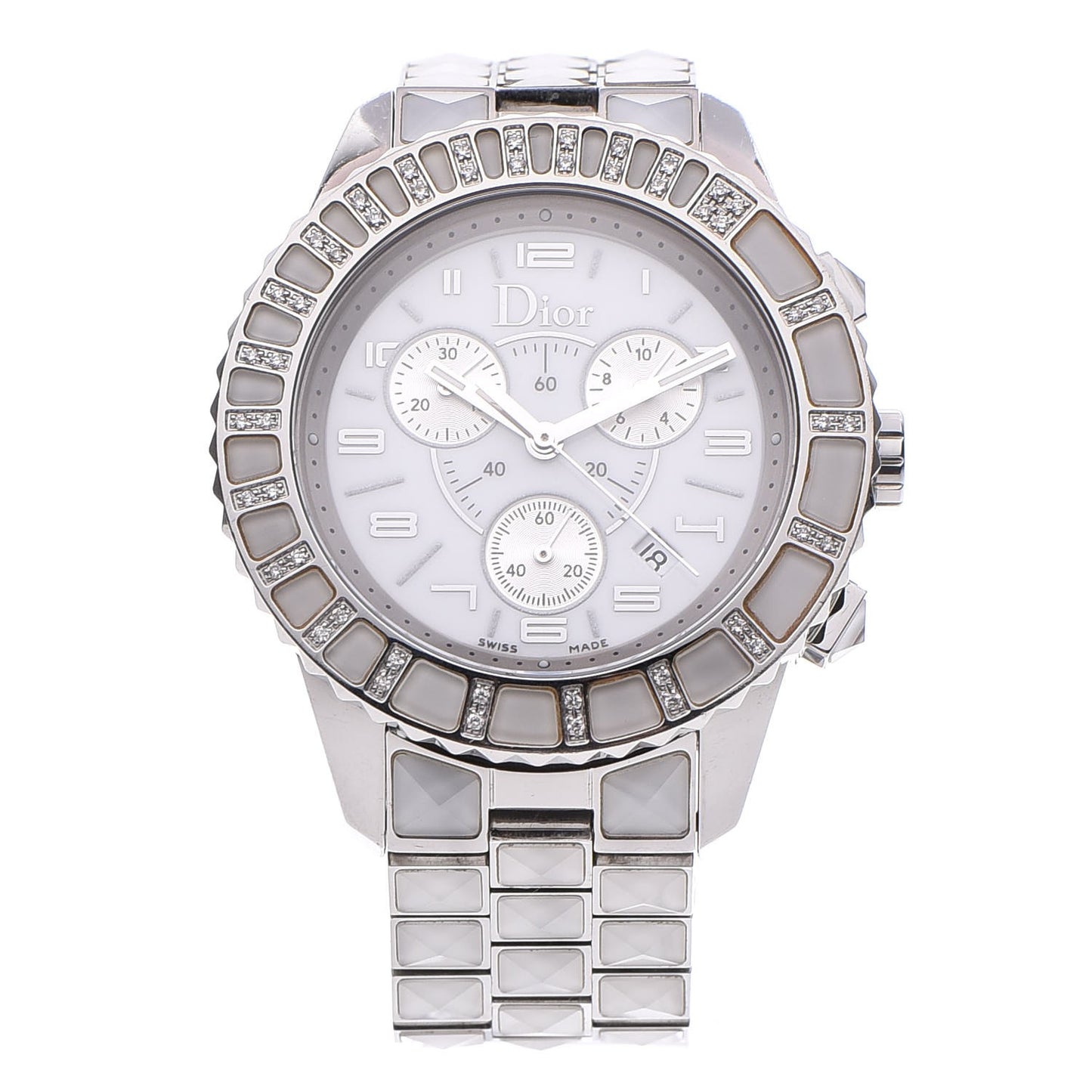 Stainless Steel Diamond Sapphire 38mm Christal Chronograph Quartz Watch White