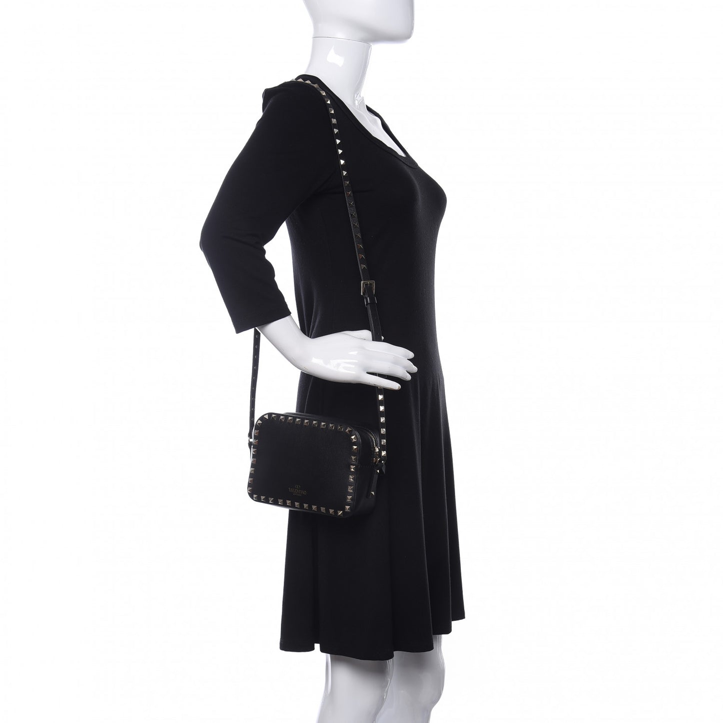 Calfskin Rockstud Camera Crossbody Bag Black